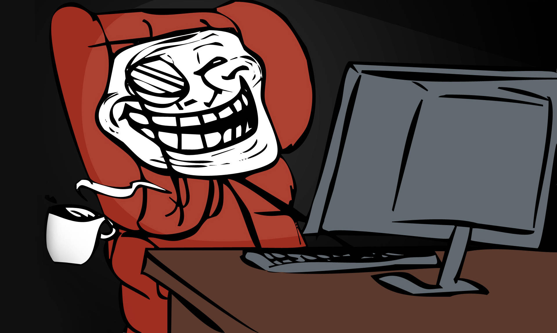 Creepy trollface meme on a computer chair looking at desktop windows.
