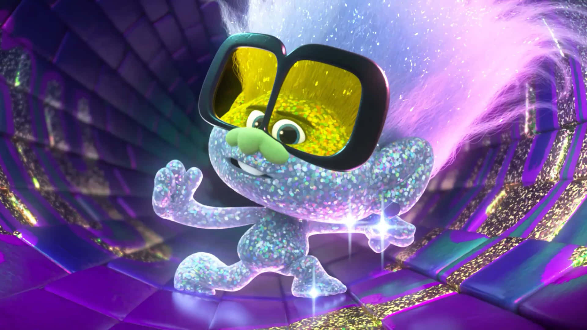 A Cartoon Character Wearing Sunglasses In A Purple And Purple Space