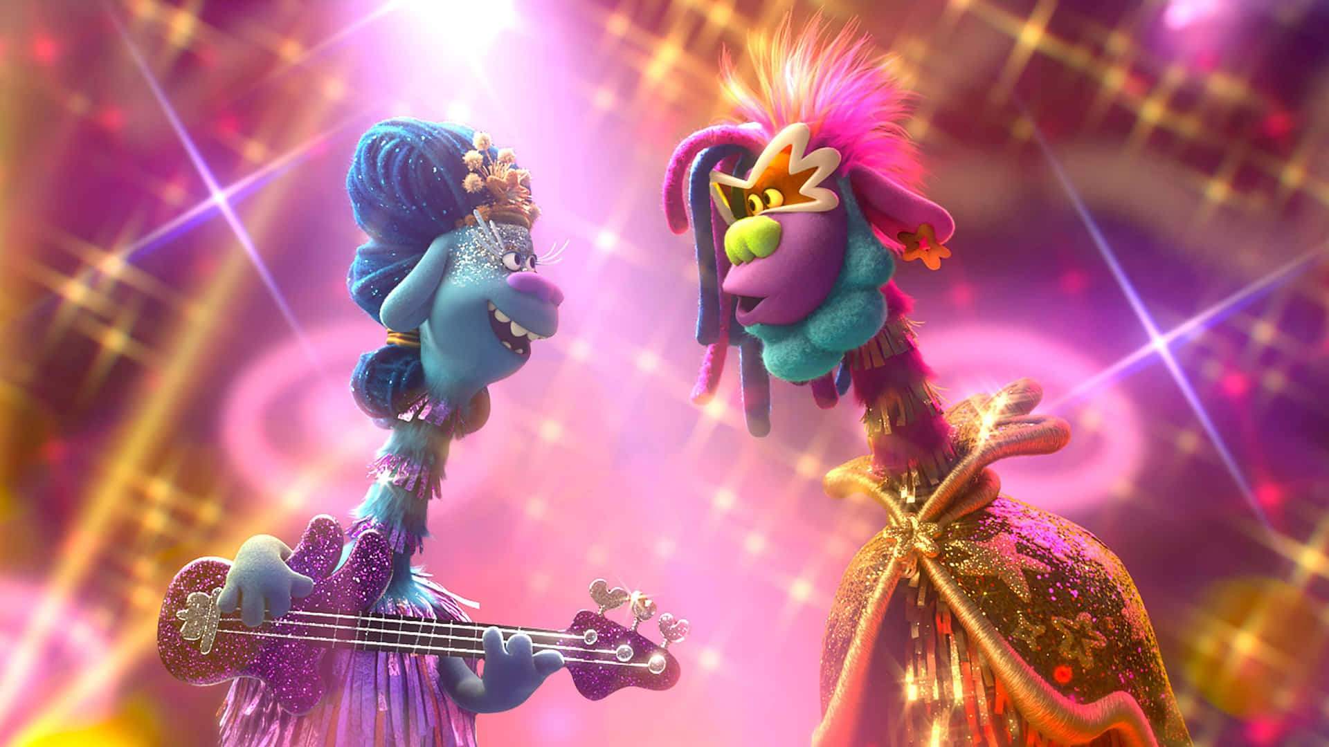 A colorful, closeup view of a Troll from DreamWorks' animated movie franchise.