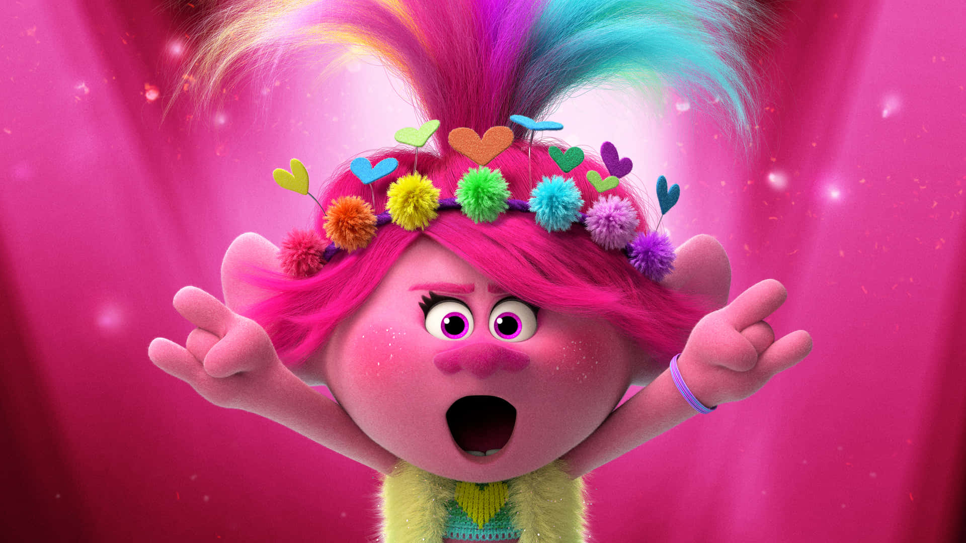Branch discovers Queen Poppy's newest mission in Trolls World Tour Wallpaper