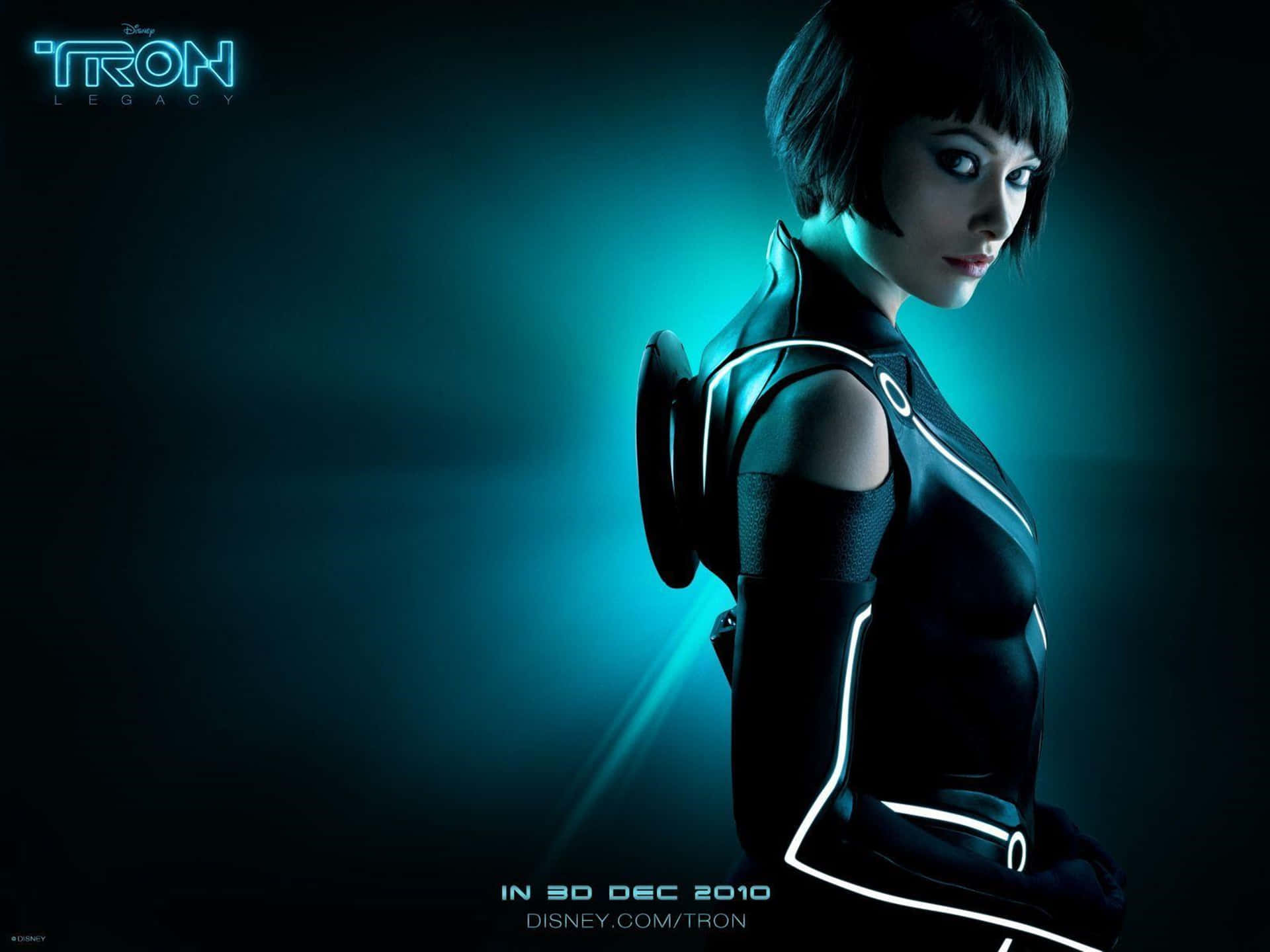 Tron Movie Poster With A Woman In A Neon Costume Wallpaper