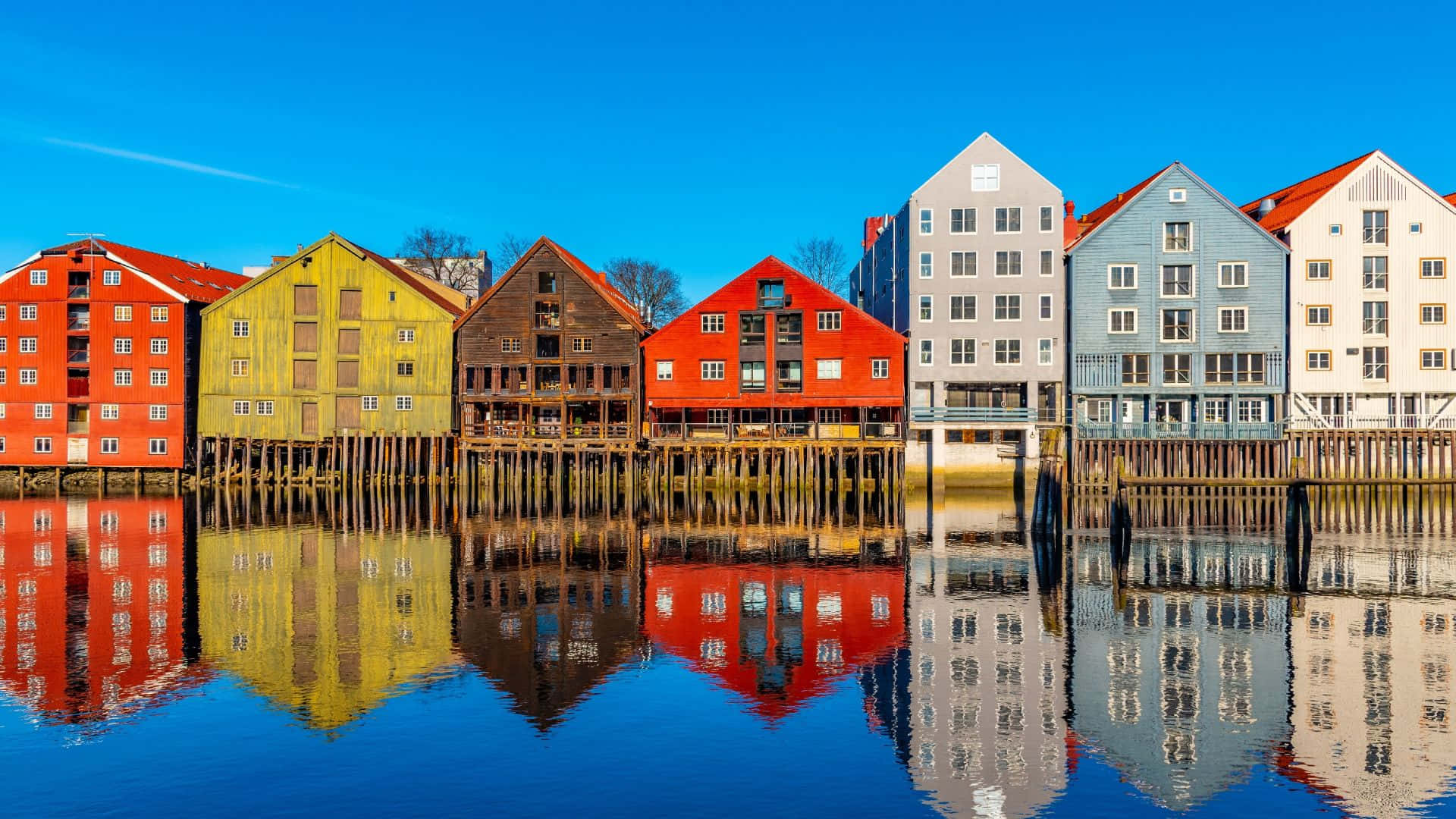 Trondheim Norway Colorful Waterfront Reflections Wallpaper