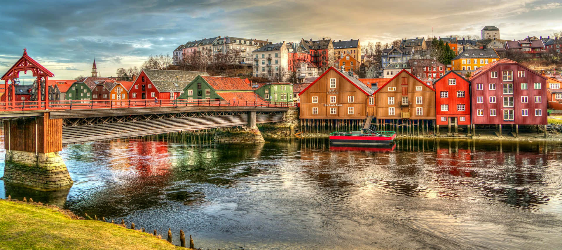 Trondheim Old Town Bridgeand Riverfront Wallpaper