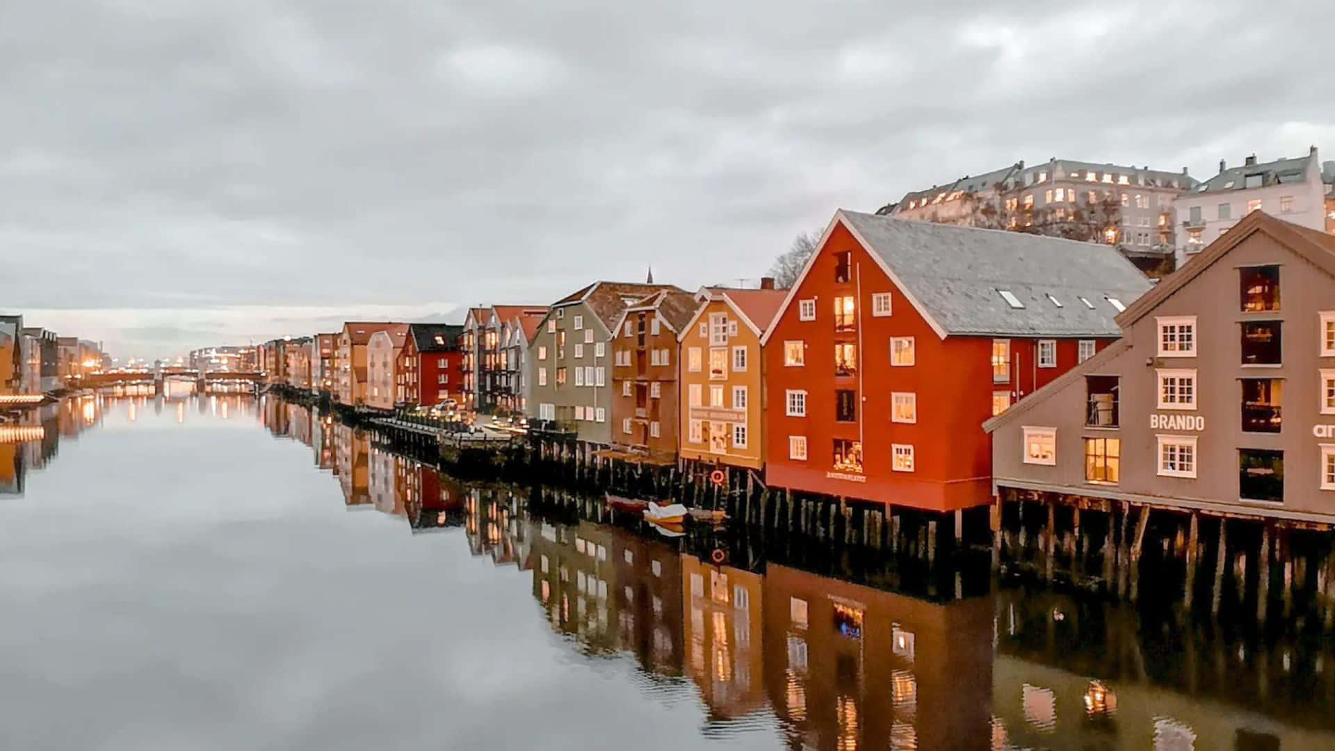 Trondheim Waterfront Dusk Reflection Wallpaper