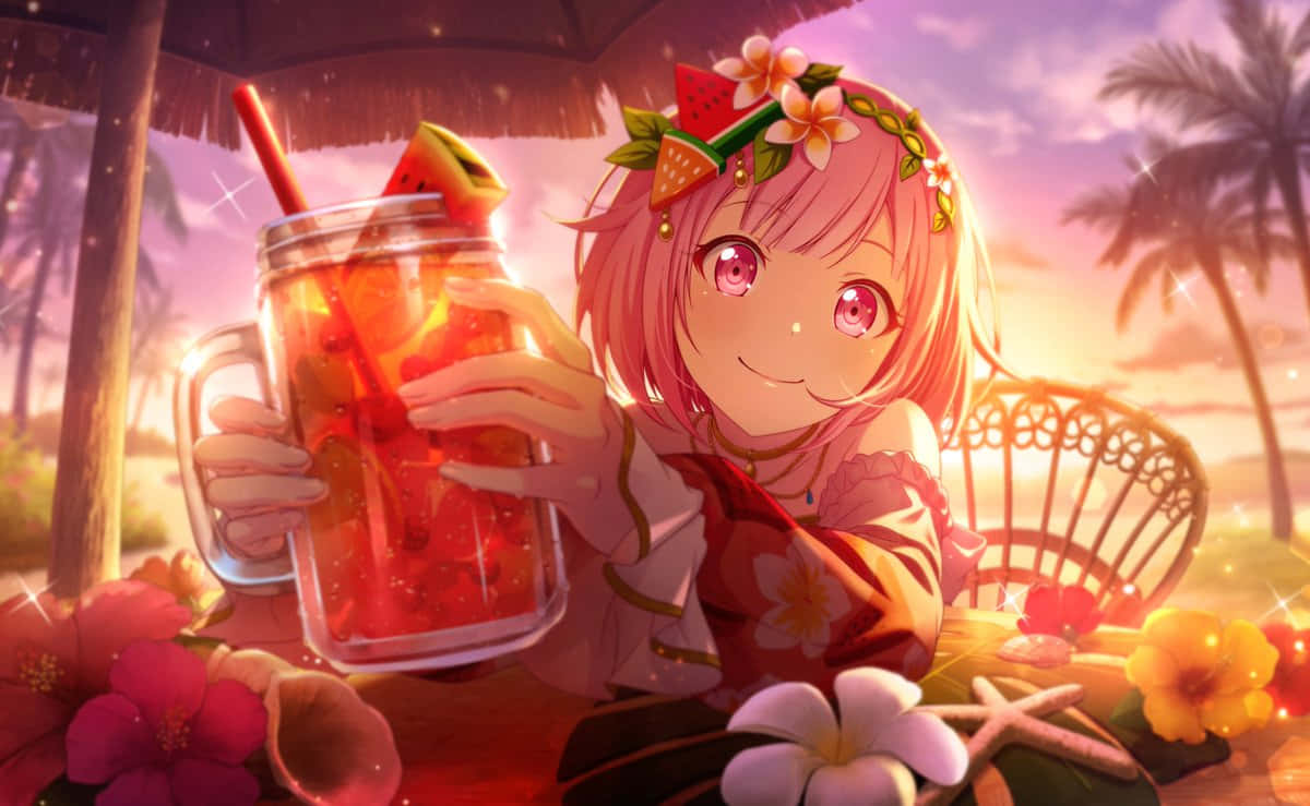 Tropical_ Anime_ Girl_with_ Drink Wallpaper