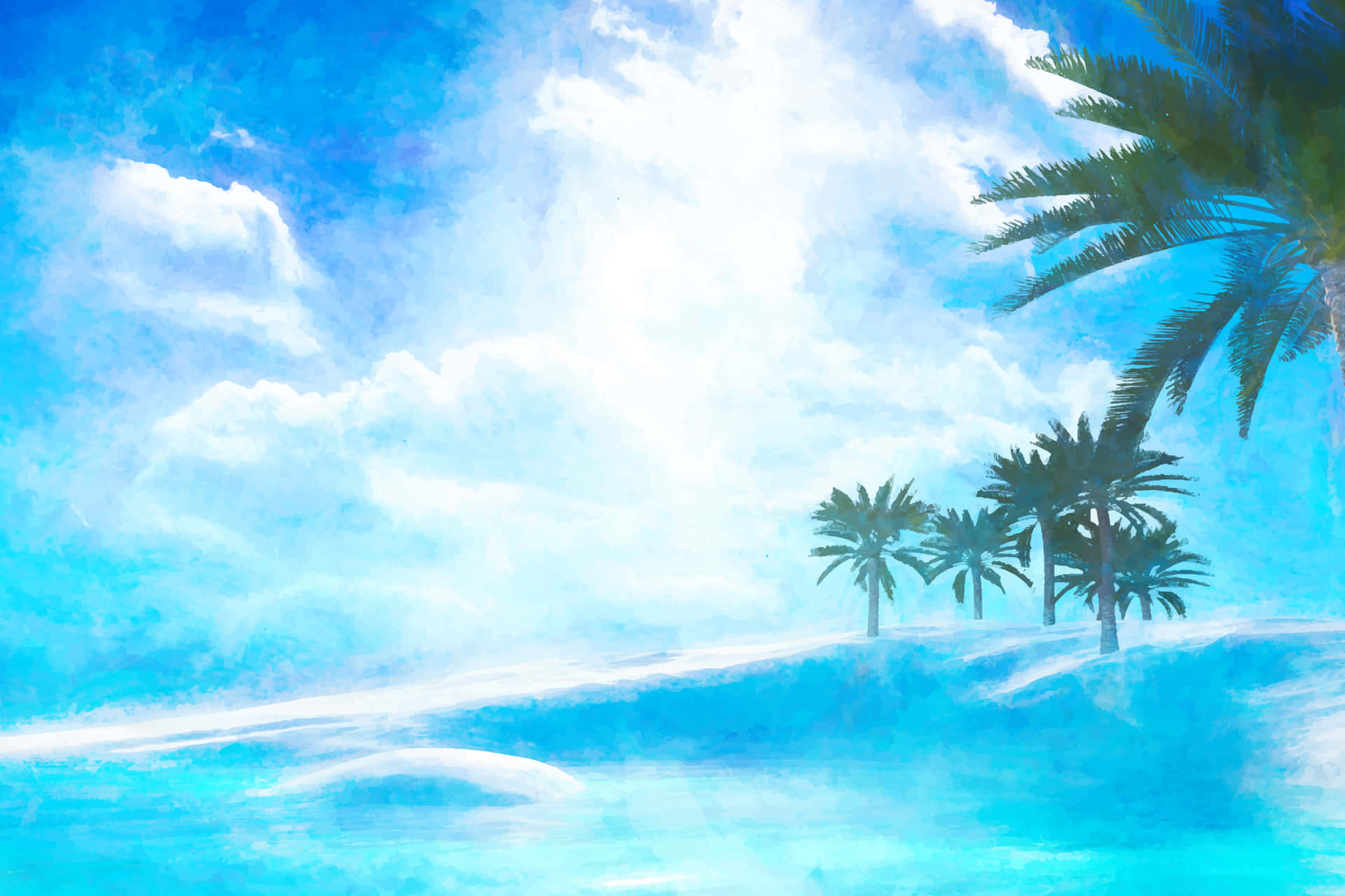 Tropical Beach Painting Blue Coastal Scene Wallpaper