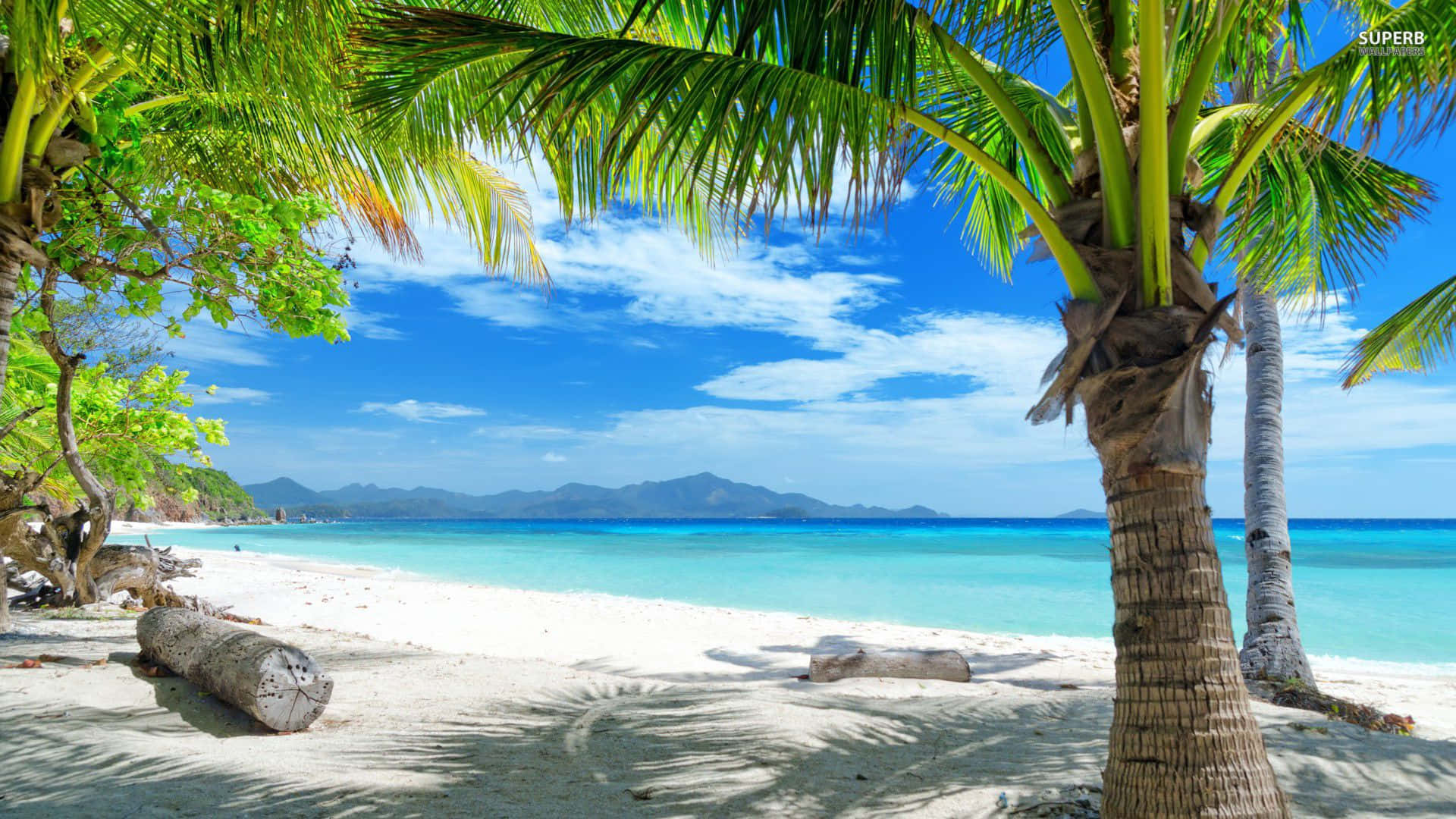A dreamy tropical beach with bright blue water and soft white sand. Wallpaper
