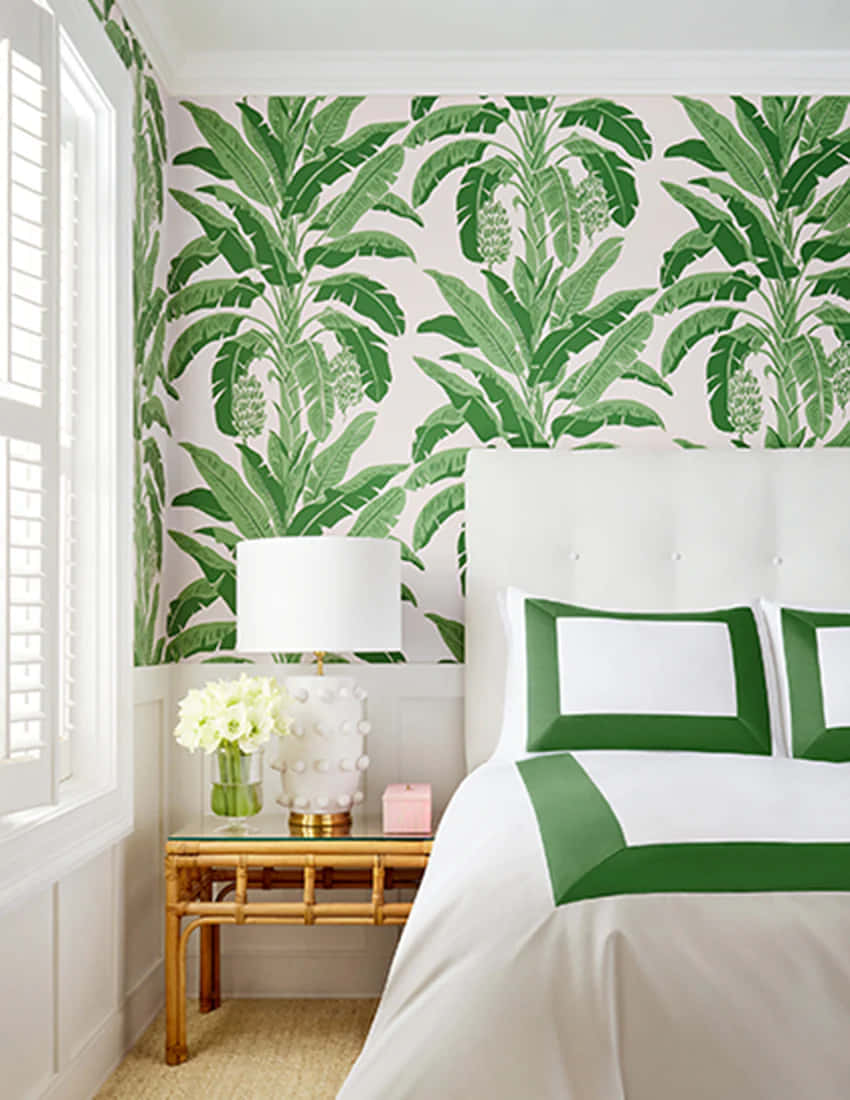 Tropical Bedroom Decor Green White Wallpaper