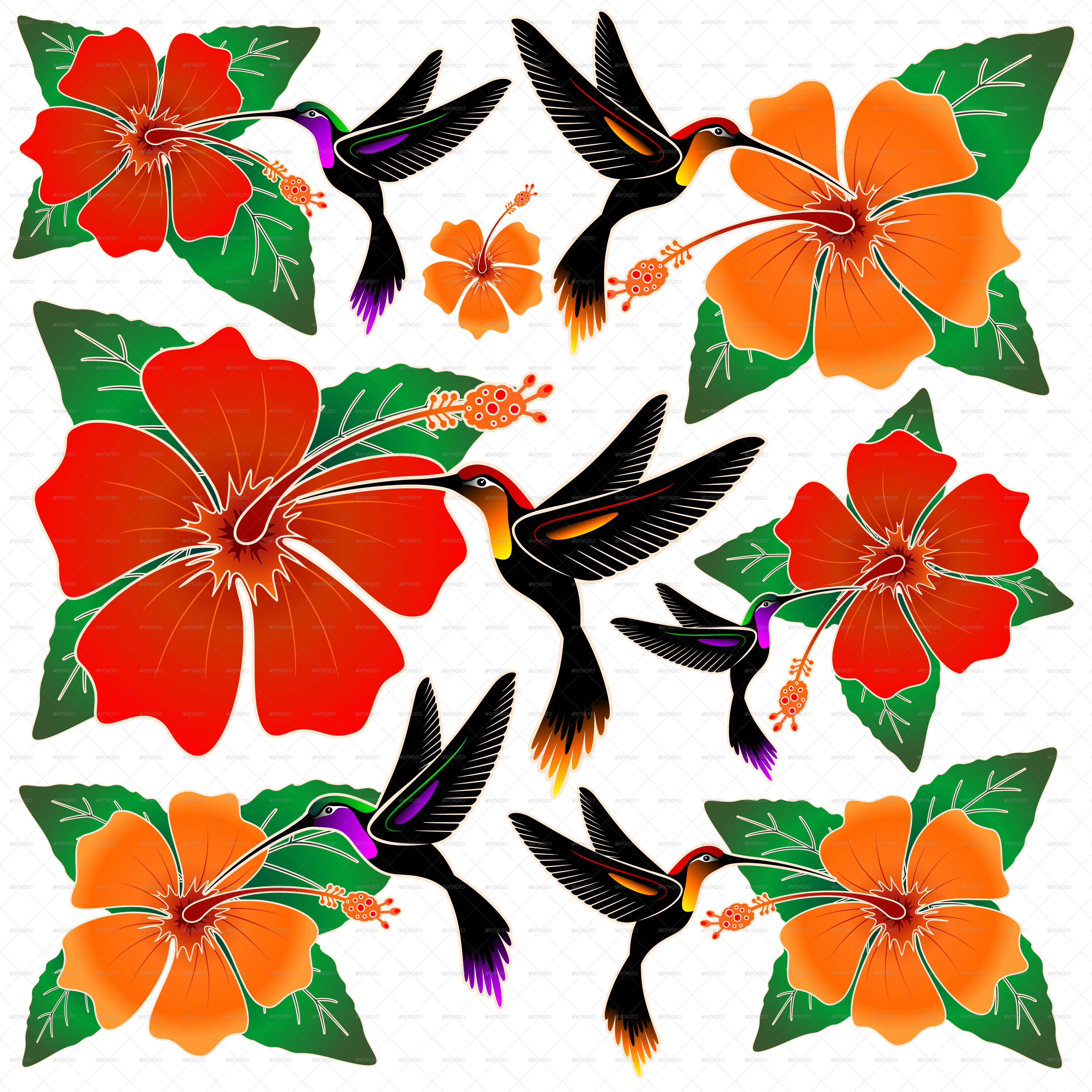 Tropical Birdsand Flowers Batik Pattern PNG
