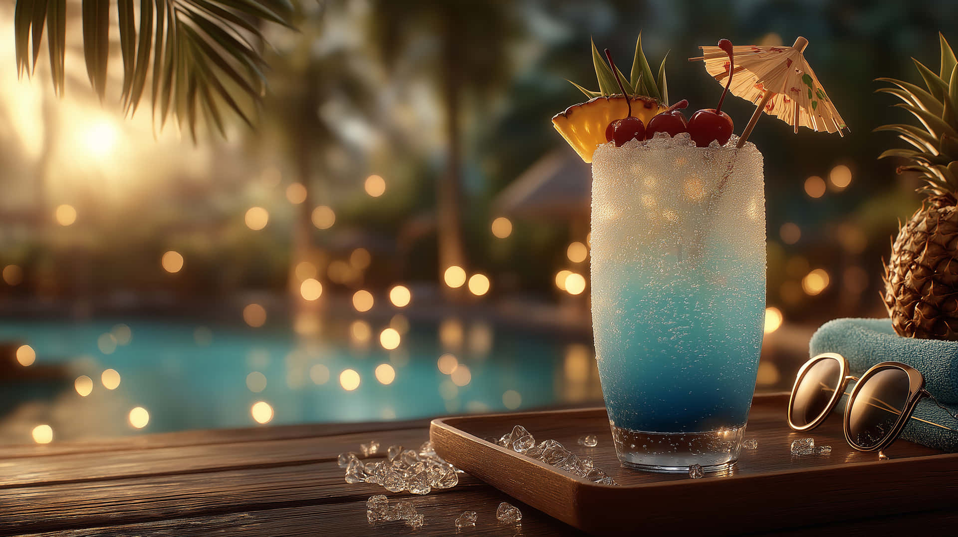 Tropical Cocktail At Sunset By The Pool Wallpaper