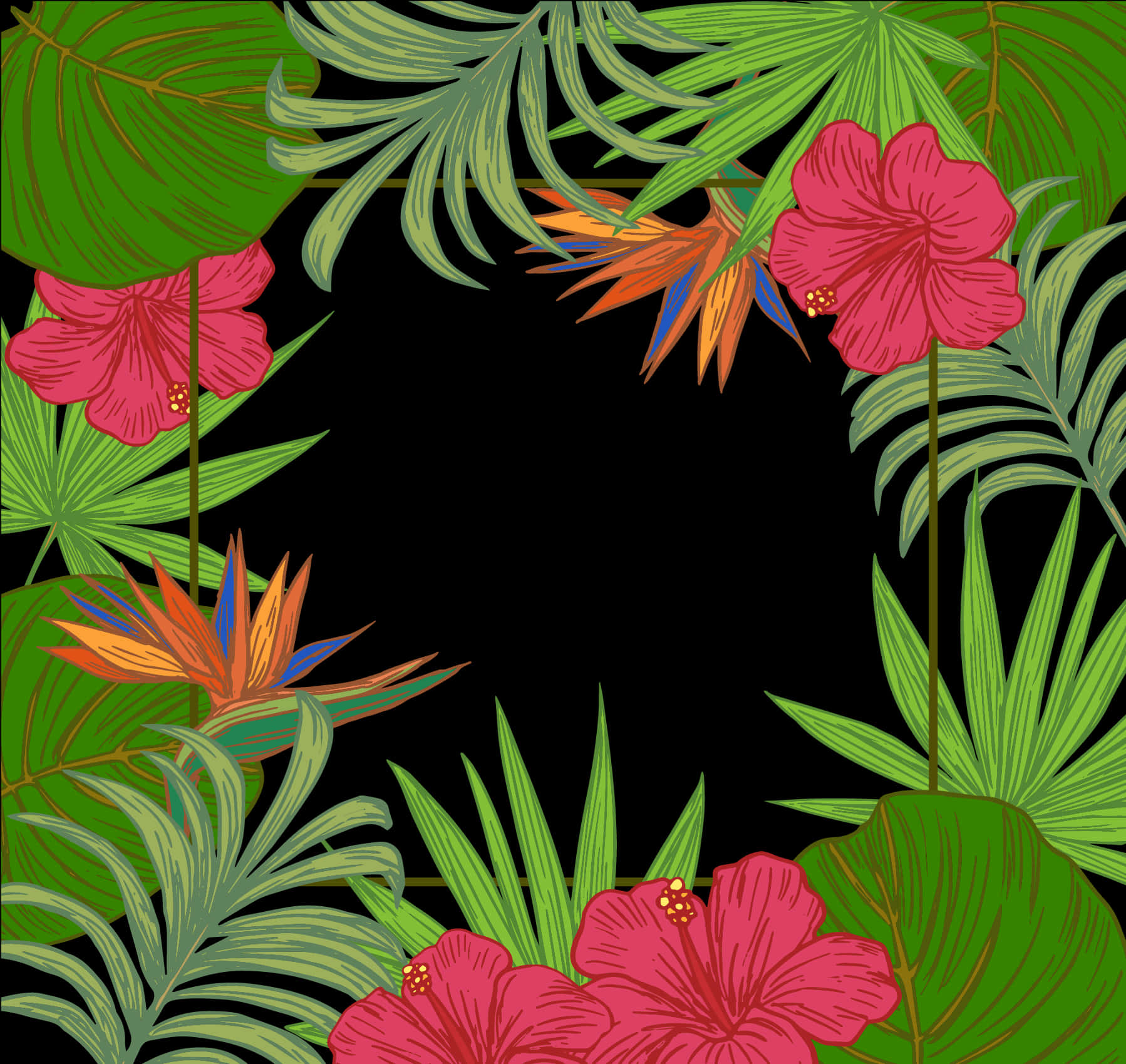 Tropical Floral Frame Black Background PNG