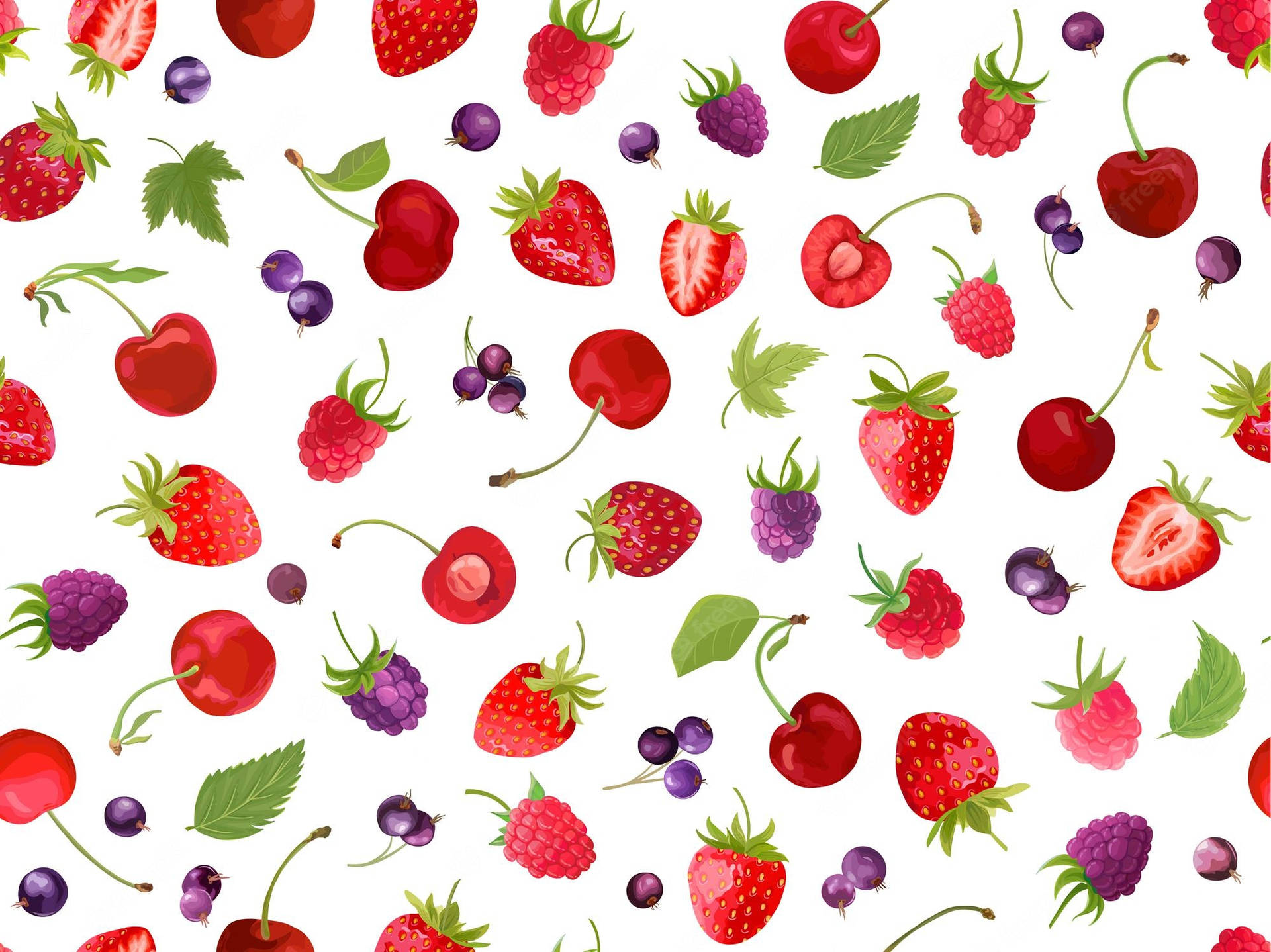 Tropical Fruits Currant Strawberry Raspberry Watercolor Art Wallpaper