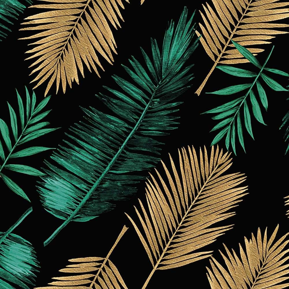 Tropical Green Gold Leaves Pattern Wallpaper