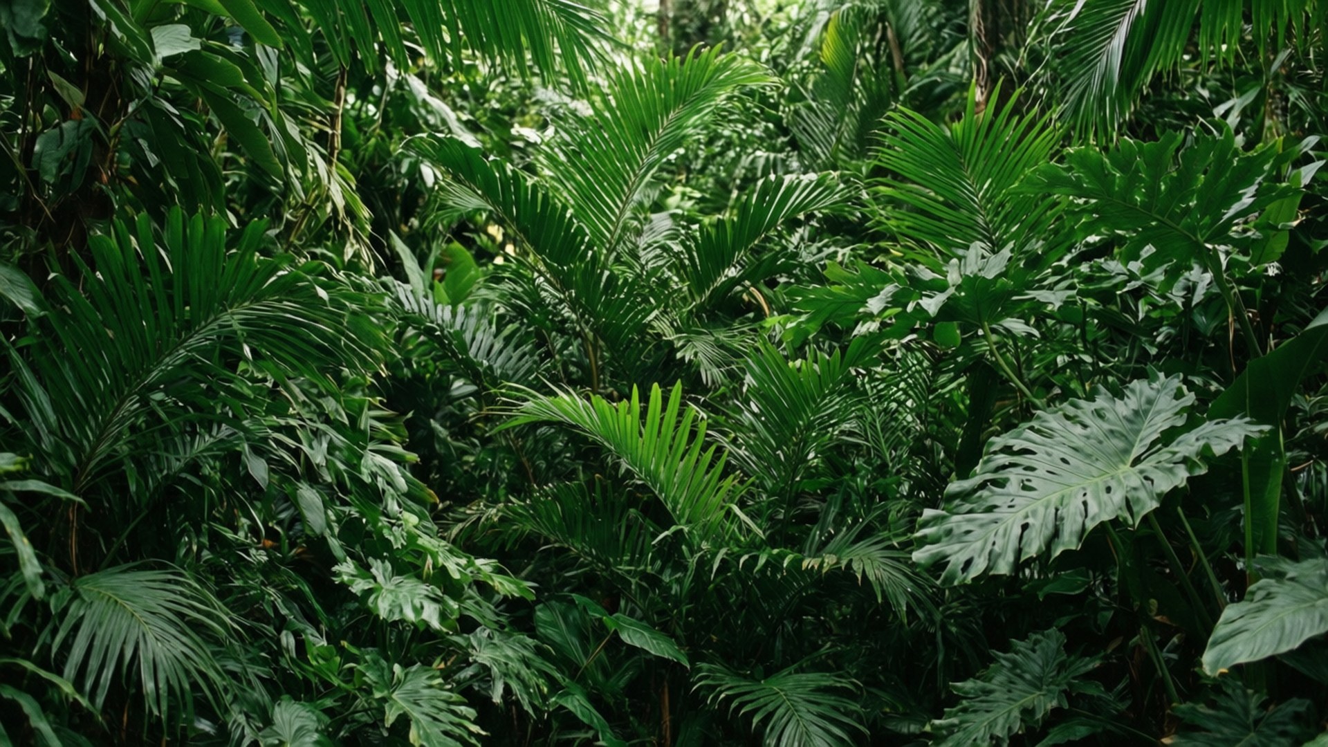 Pola padat dari berbagai daun hijau, membangkitkan hutan tropis yang rimbun.