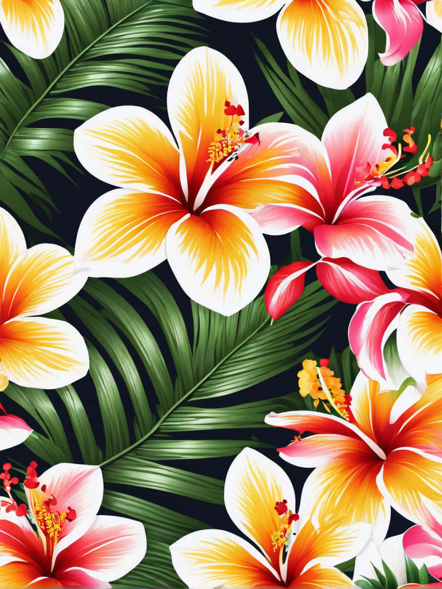 Tropical_ Hibiscus_and_ Palm_ Pattern Wallpaper