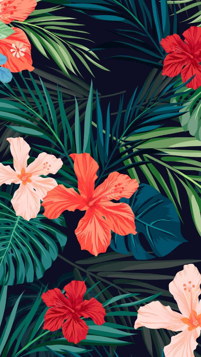 Tropical_ Hibiscus_and_ Palm_ Pattern Wallpaper