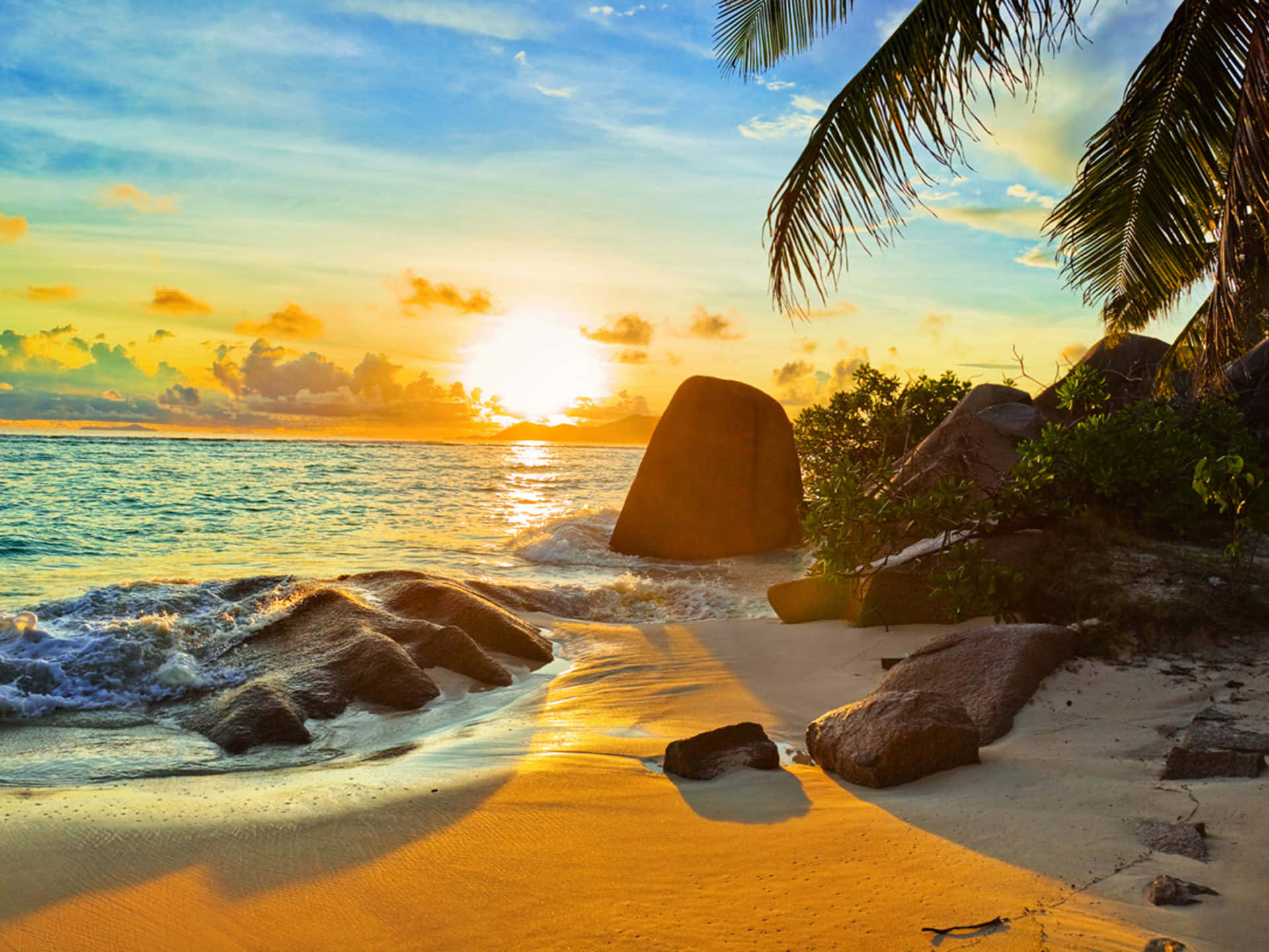 A Beach With Palm Trees And Rocks At Sunset Wallpaper