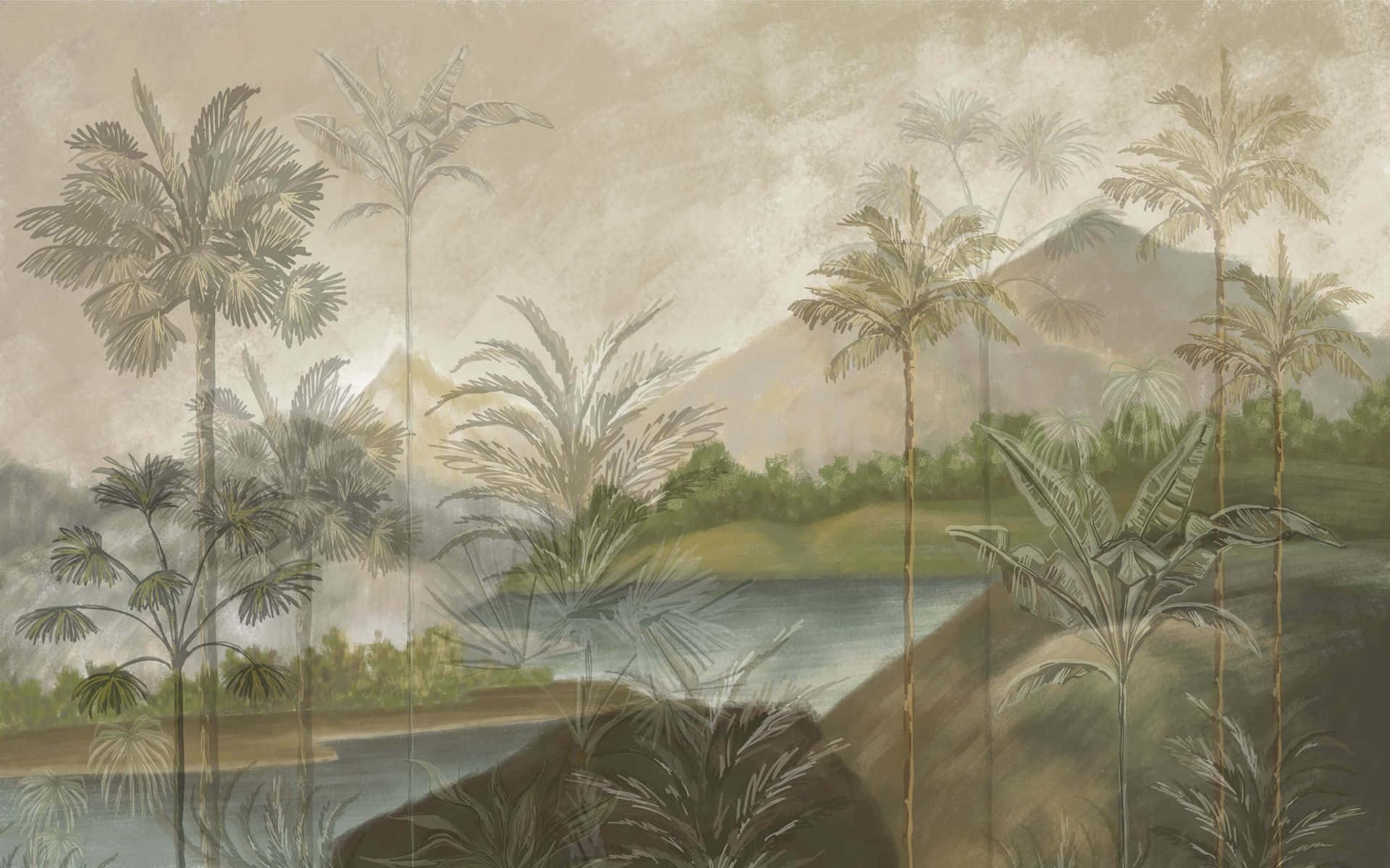 Tropical_ Landscape_ Mural_with_ Palms_and_ Mountain Wallpaper