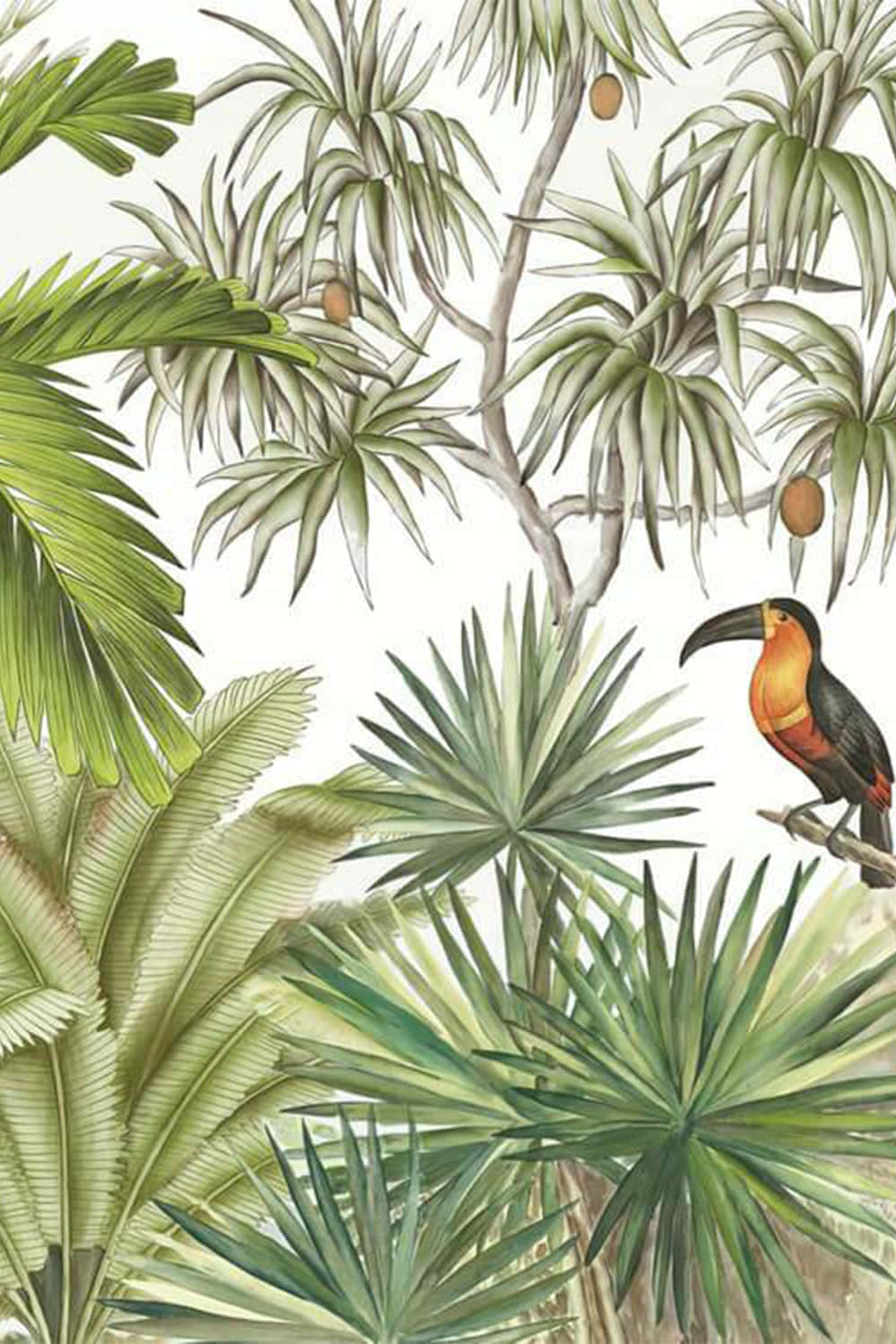 Eingemälde Einer Tropischen Szene Mit Einem Vogel Und Palmenbäumen.