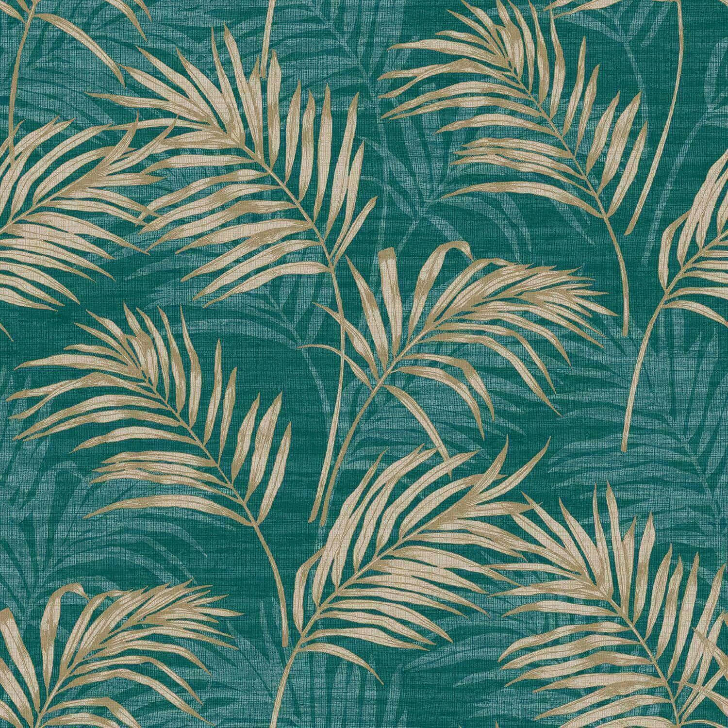 A Teal And Gold Palm Leaf Wallpaper