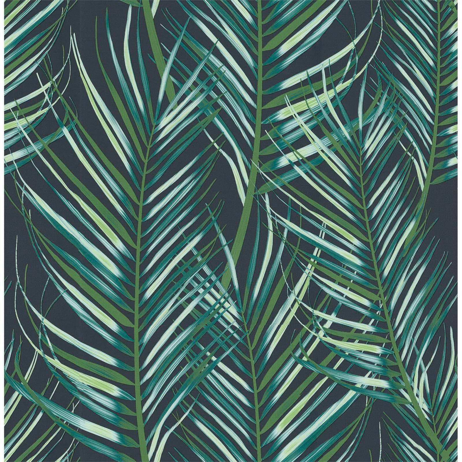 A lush, tropical background of leaves and palm trees.