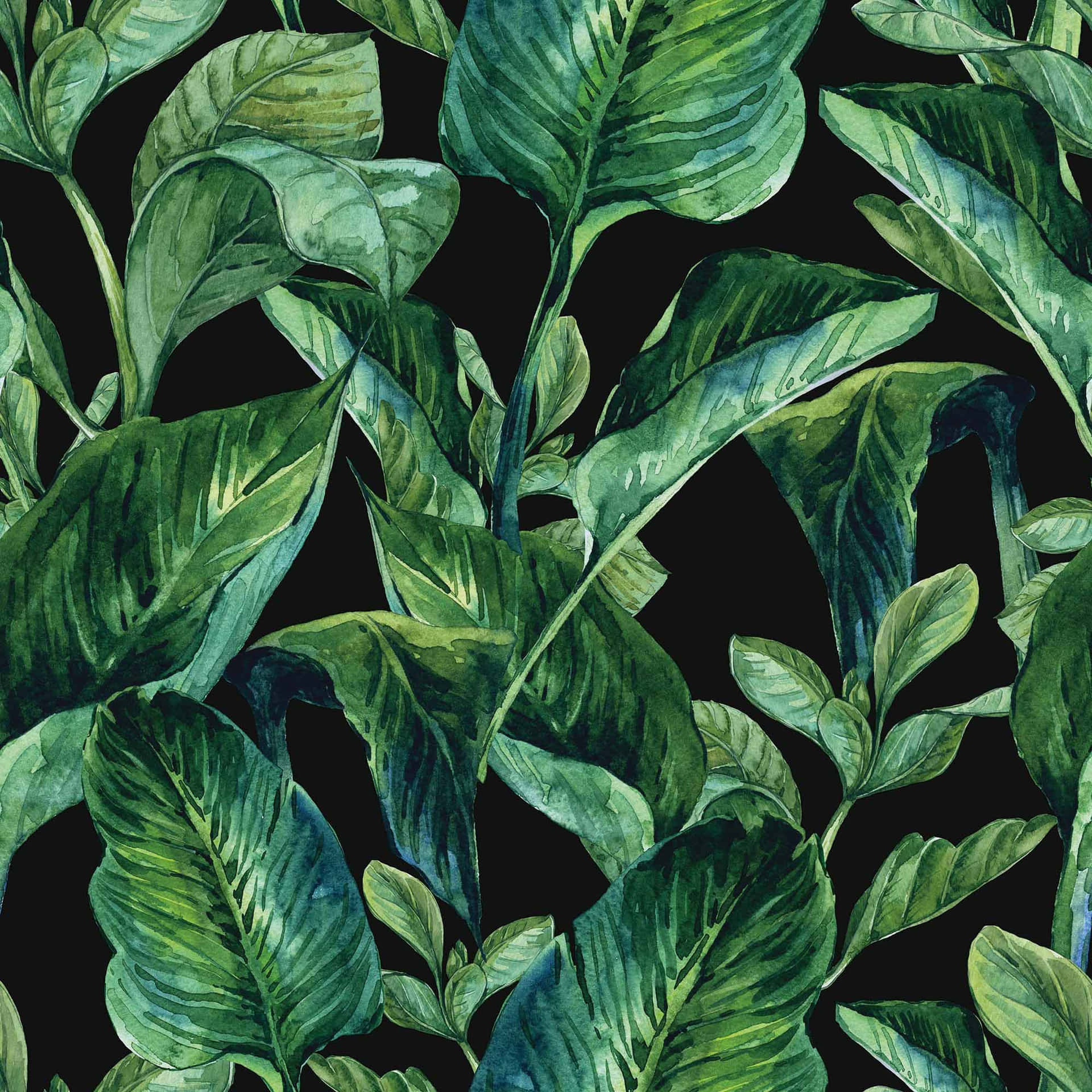 Et vandskåret mønster af grønne blade på en sort baggrund.