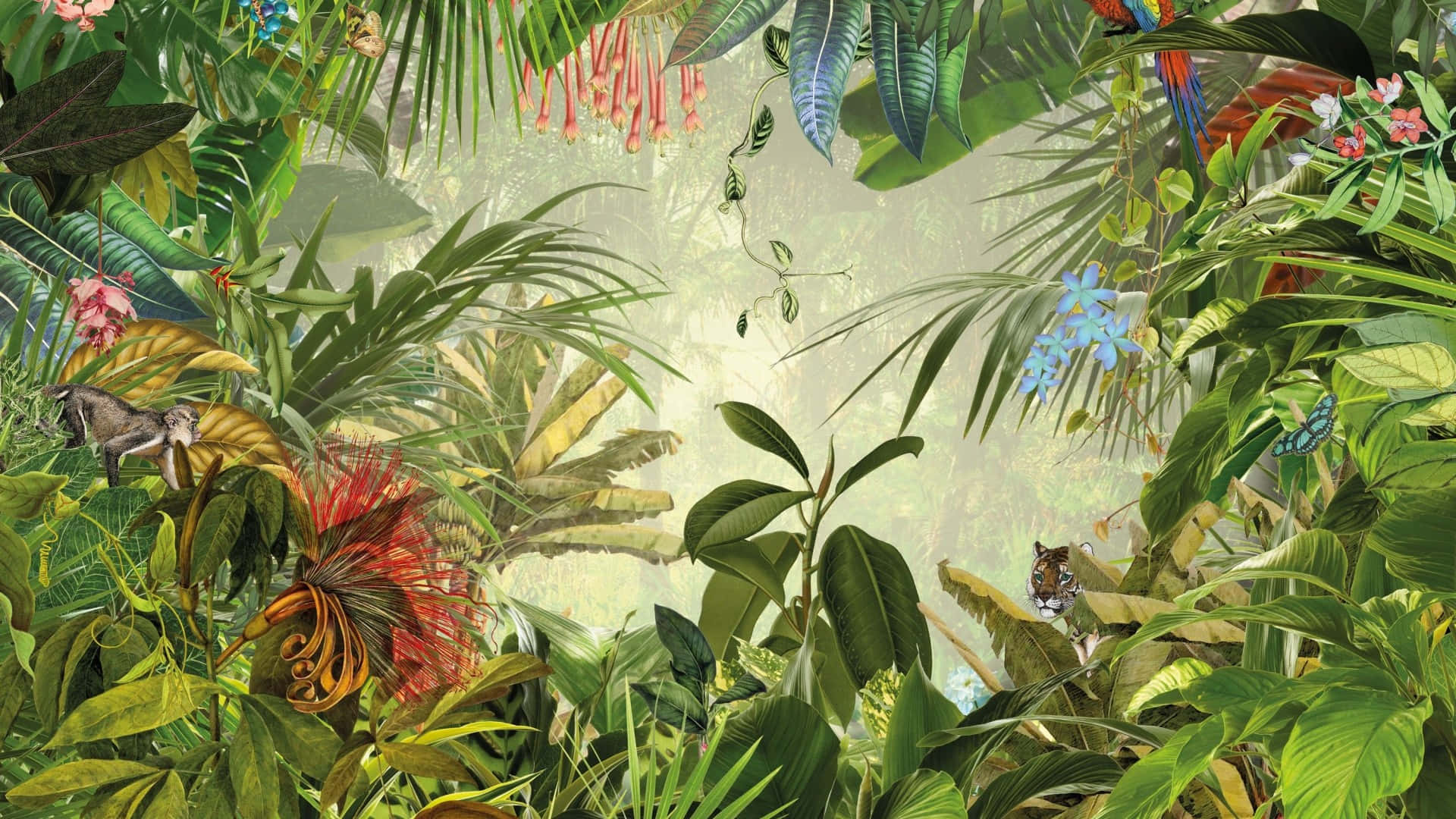 A Tropical Jungle Scene With Many Plants And Animals Wallpaper