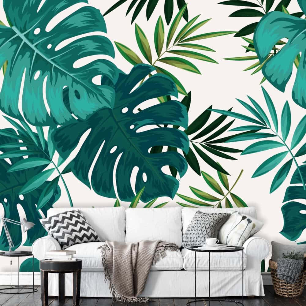 Tropical Living Room With Monstera Leaves Wallpaper
