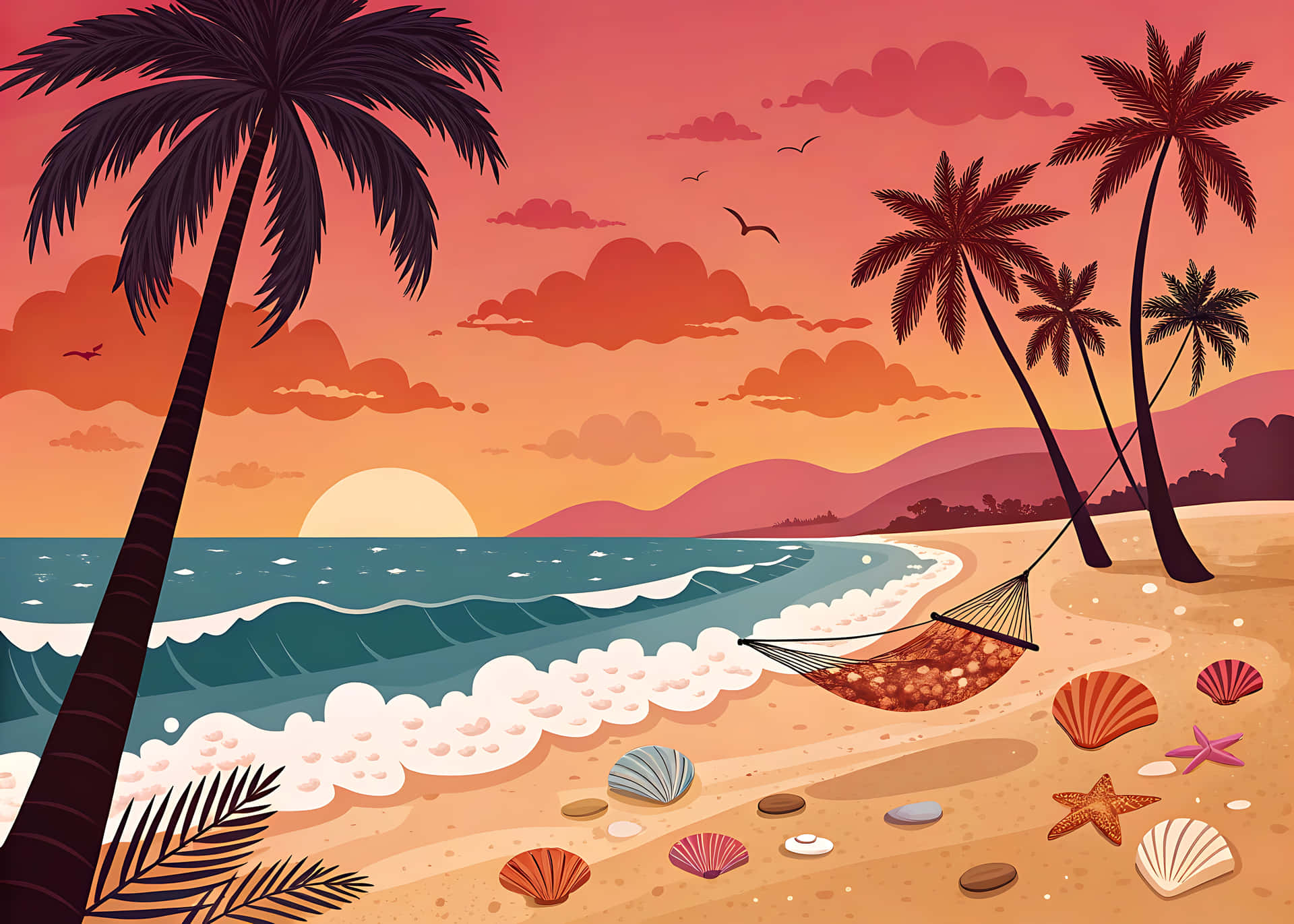 Tropical Paradise Beach With Palm Trees Under A Sunny Sky Wallpaper