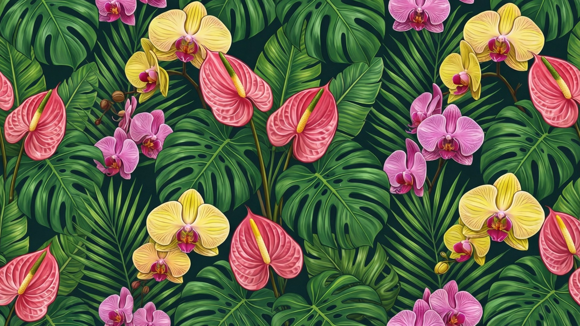 Ein nahtloses Vektormuster aus tropischen Blättern und Blüten, darunter Monstera, Anthurien und Orchideen in lebendigen Farben.