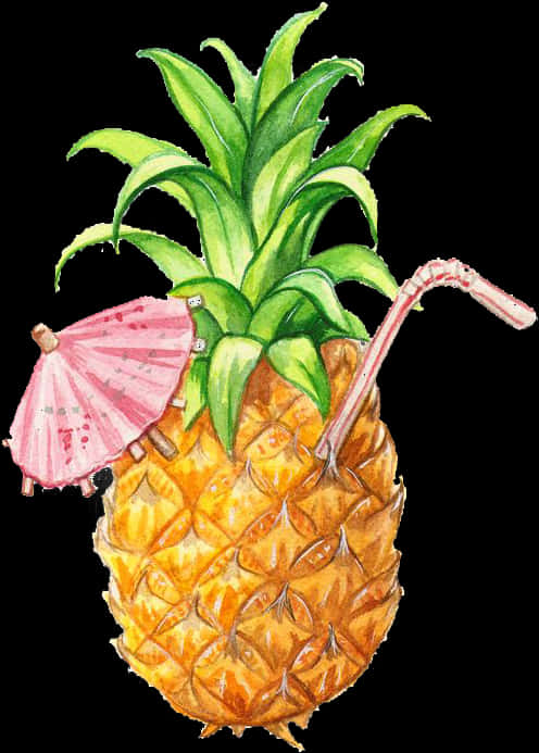 Tropical Pineapple Cocktail Illustration PNG