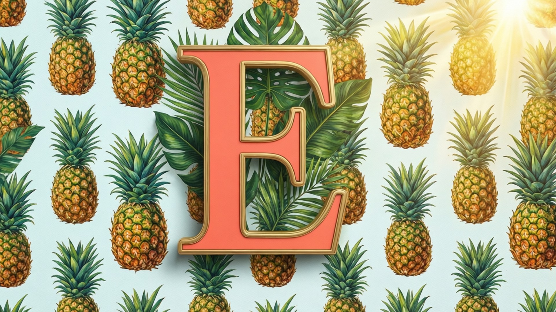 Preppy tropical wallpaper with pineapple and letter E.