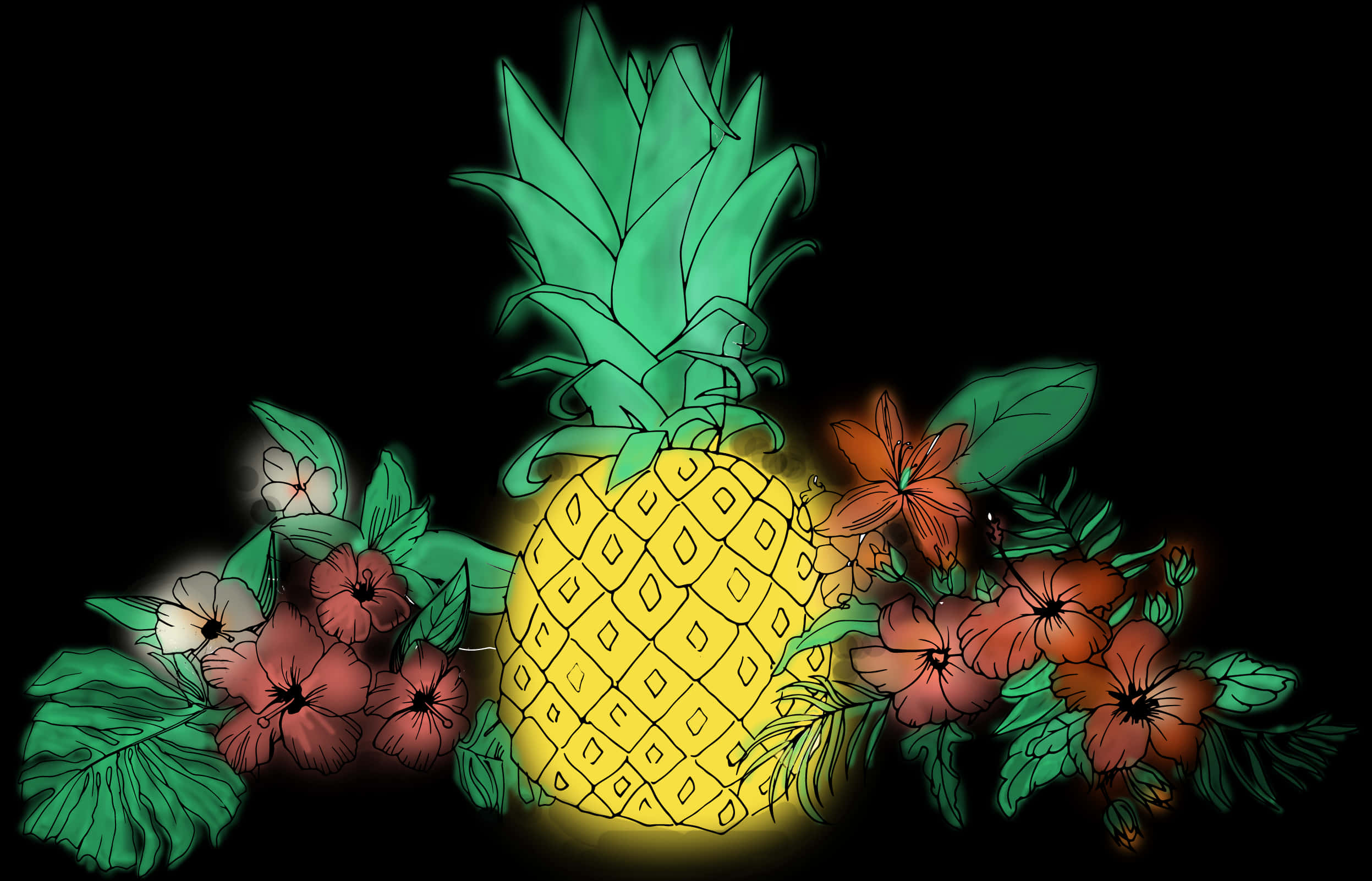 Tropical Pineappleand Flowers Illustration PNG