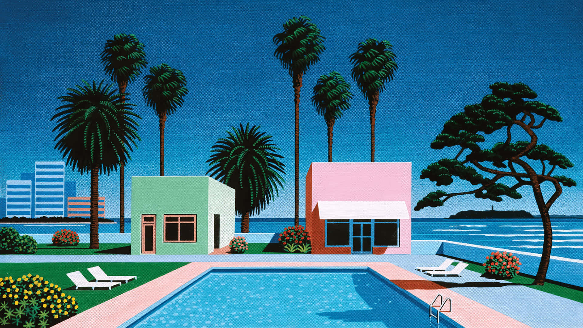 Tropical Poolside Retro Artwork Wallpaper