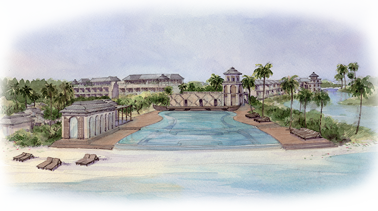 Tropical Resort Watercolor Illustration PNG