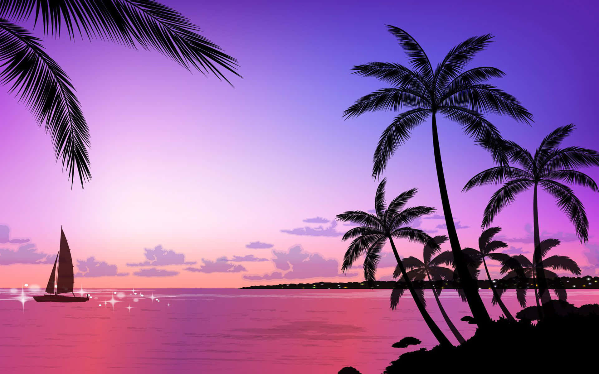 Tropical Sunset Drawing Violet And Purple Skies Wallpaper