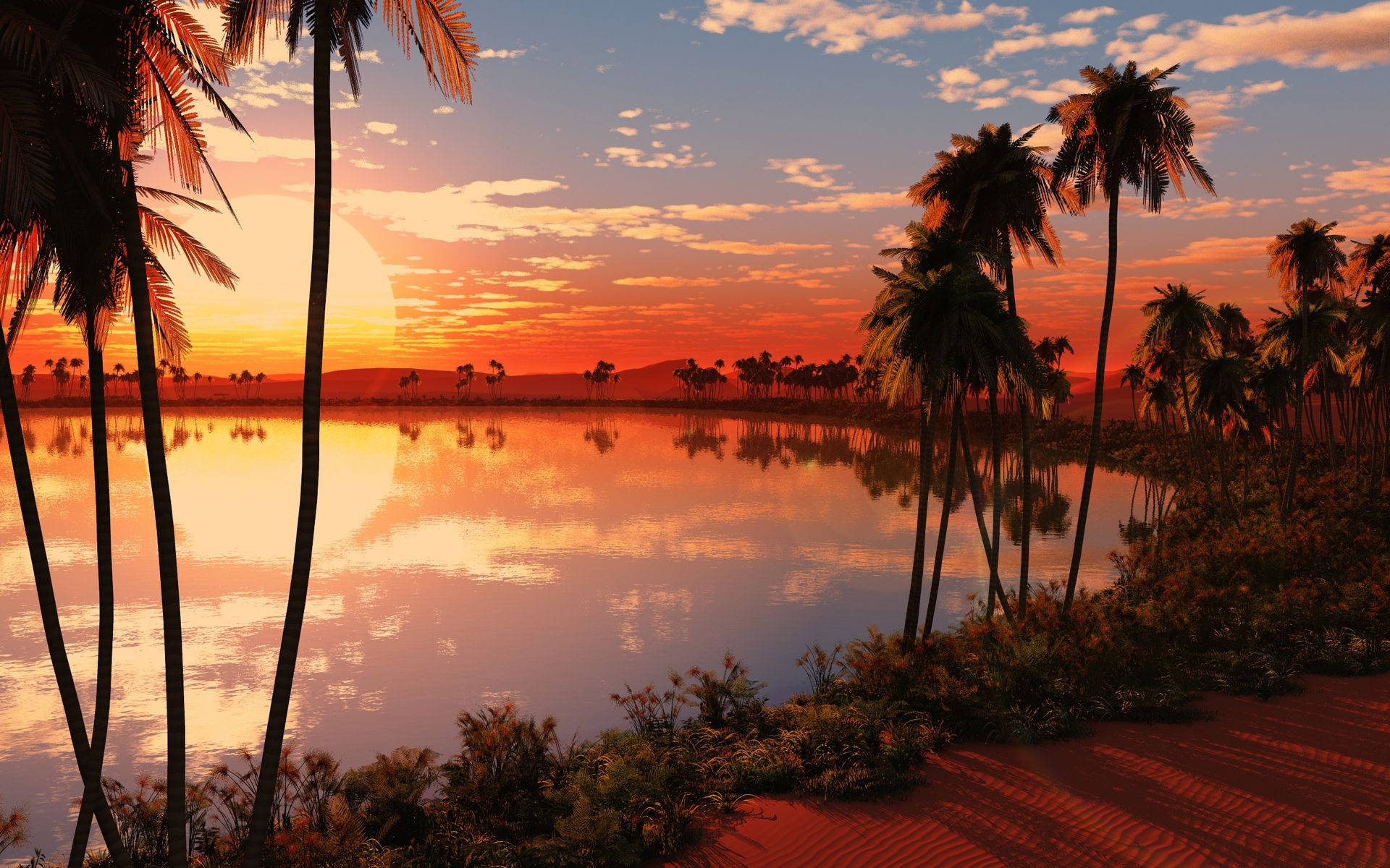 Tropisk Sunset Lake Paradise Wallpaper