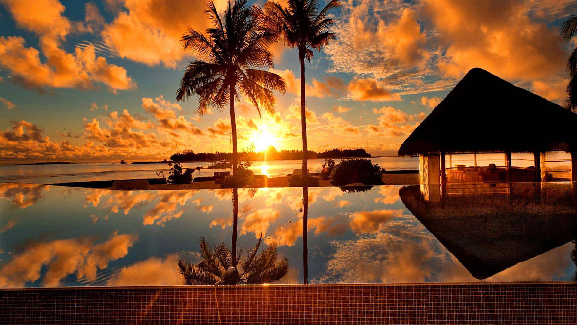 Tropisk solnedgang afslappende resort scene. Wallpaper