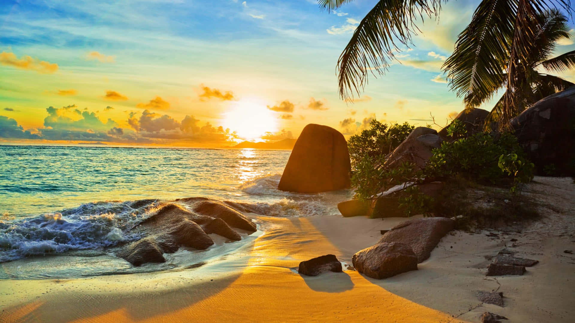 Tropical Sunset Rocky Beach Wallpaper