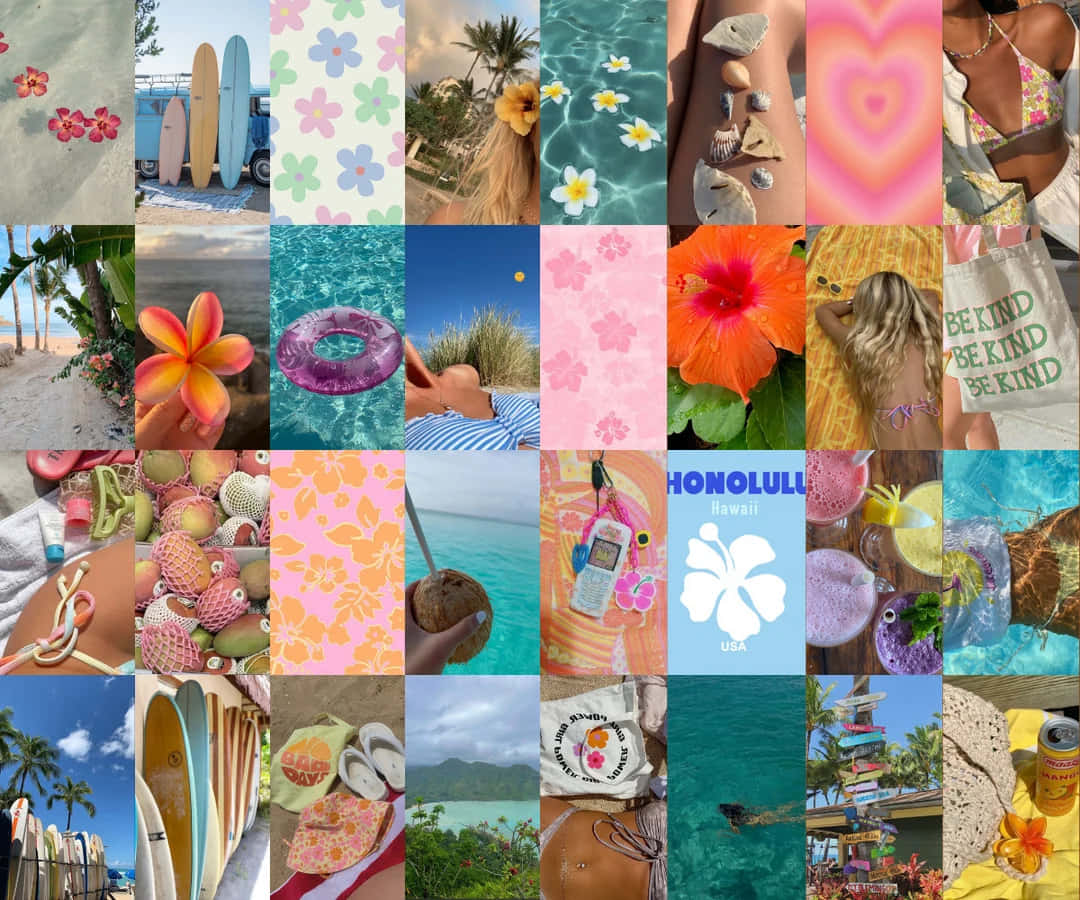 Tropical Vibes Collage Hibiscus Coconut Aesthetic Wallpaper