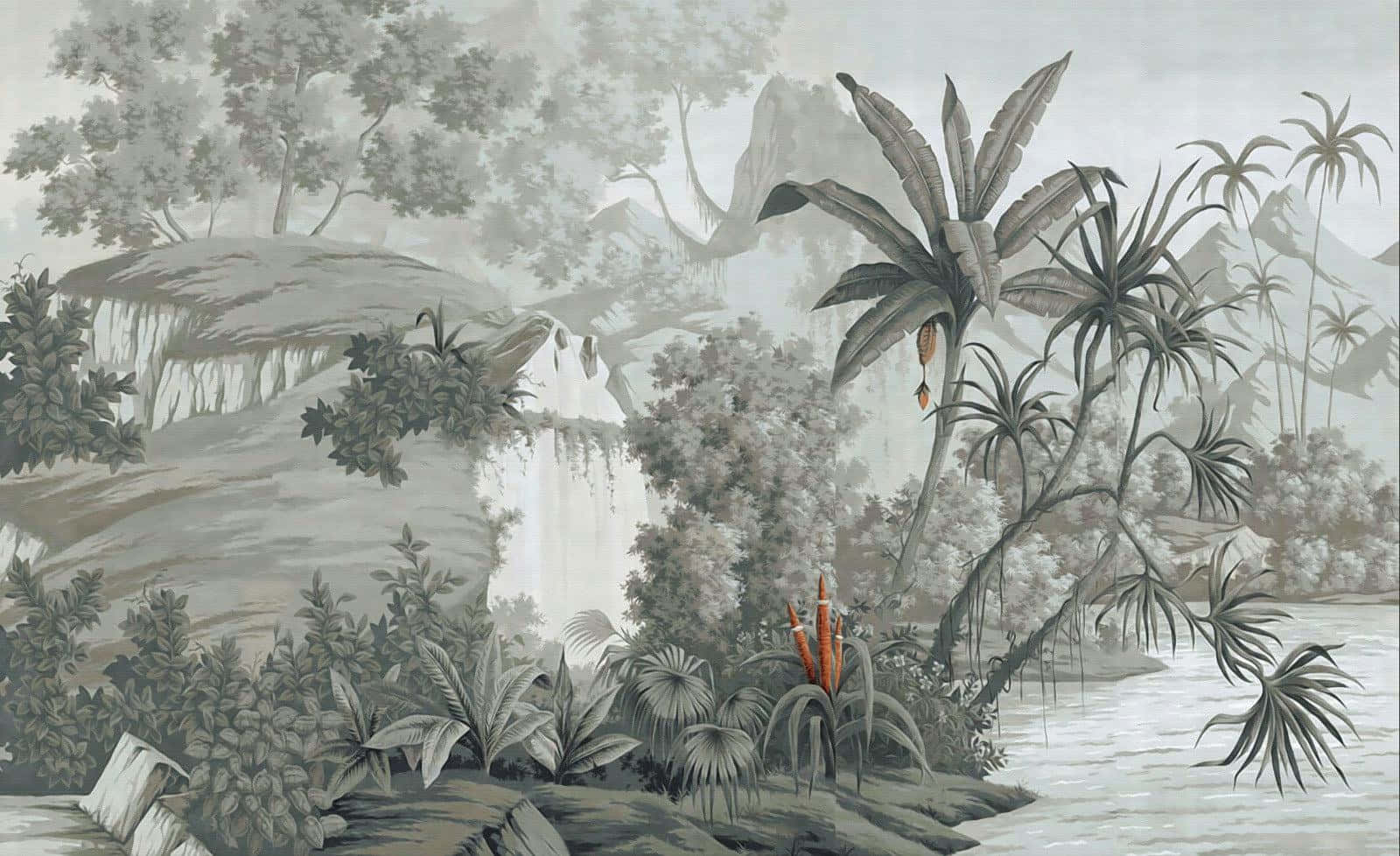 Tropical_ Waterfall_ Greyscale_ Mural.jpg Wallpaper