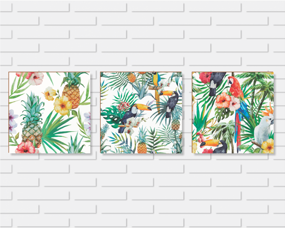 Tropical_ Birds_and_ Flora_ Triptych_ Art PNG