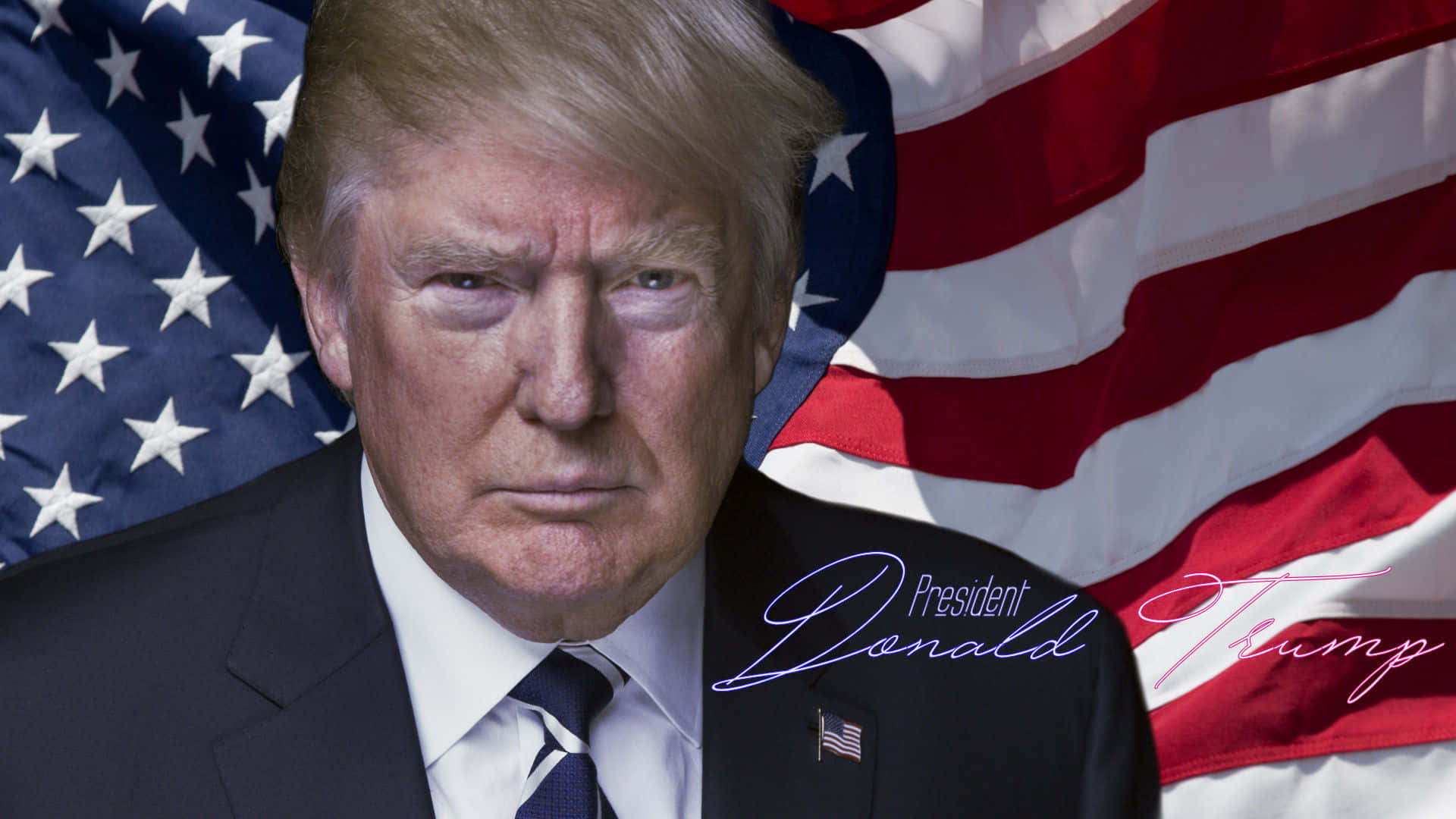 Donald Trump in a portrait with an American flag backdrop