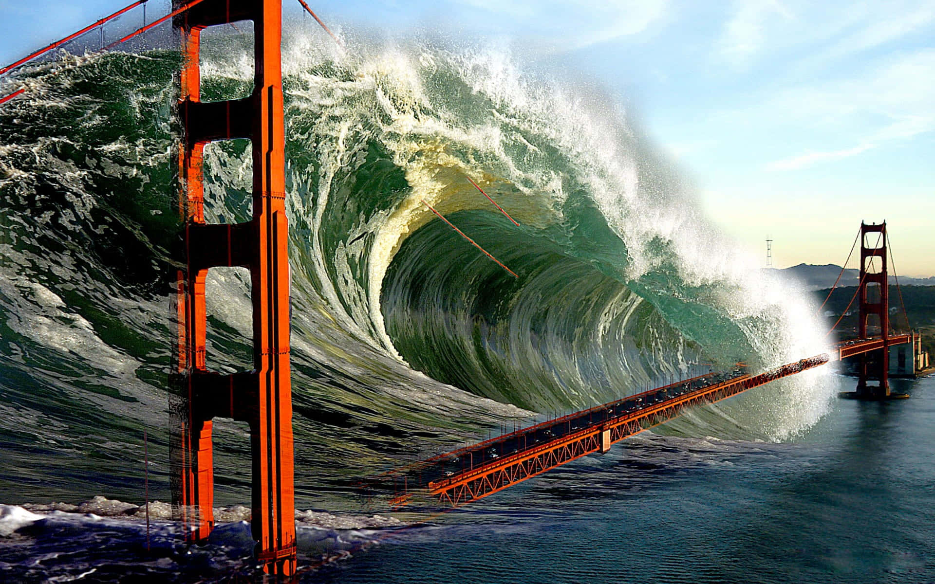 A Large Wave Is Hitting The Golden Gate Bridge