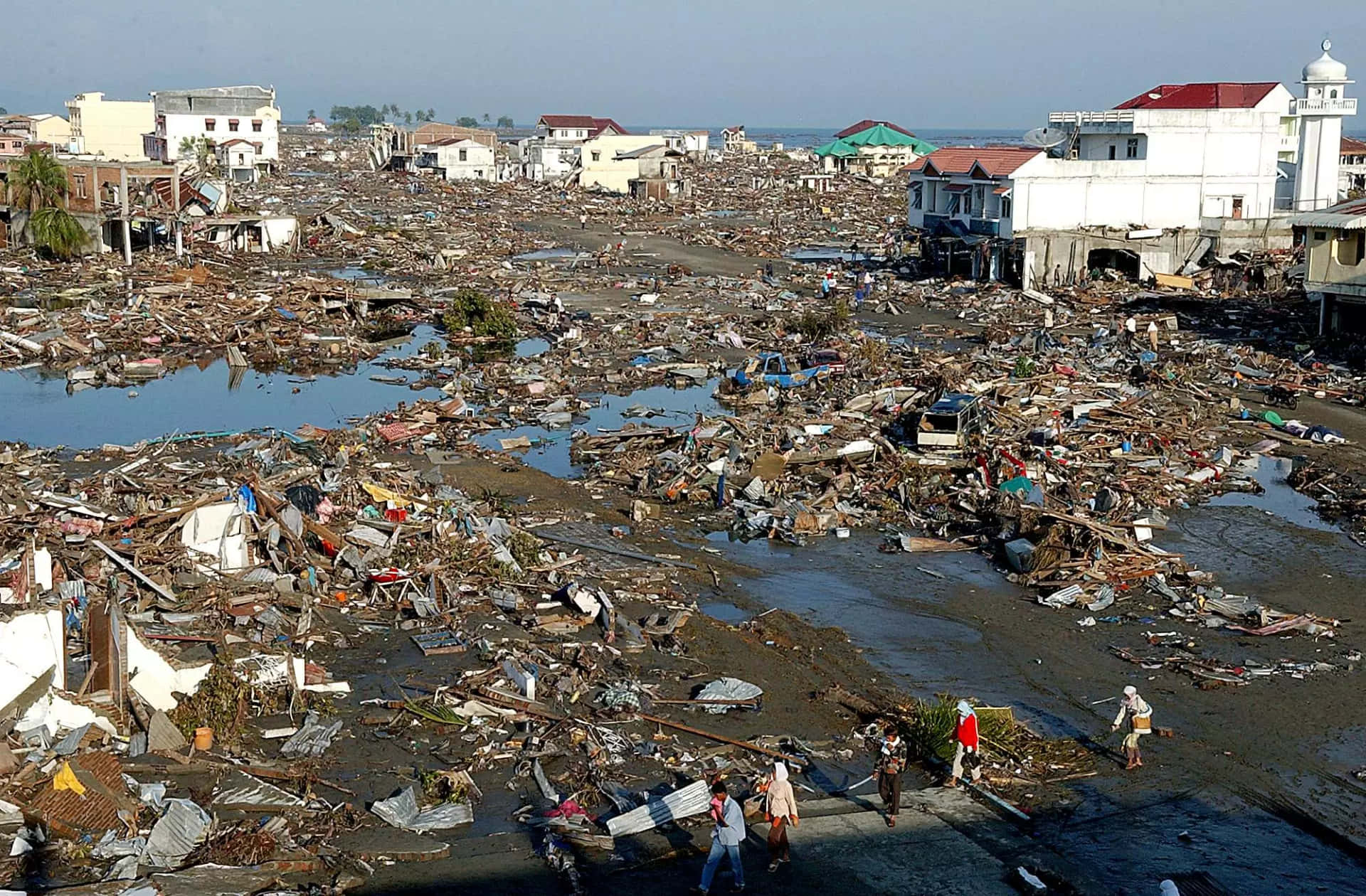 Powerful Tsunami waves crashing in the waters of a coastal city