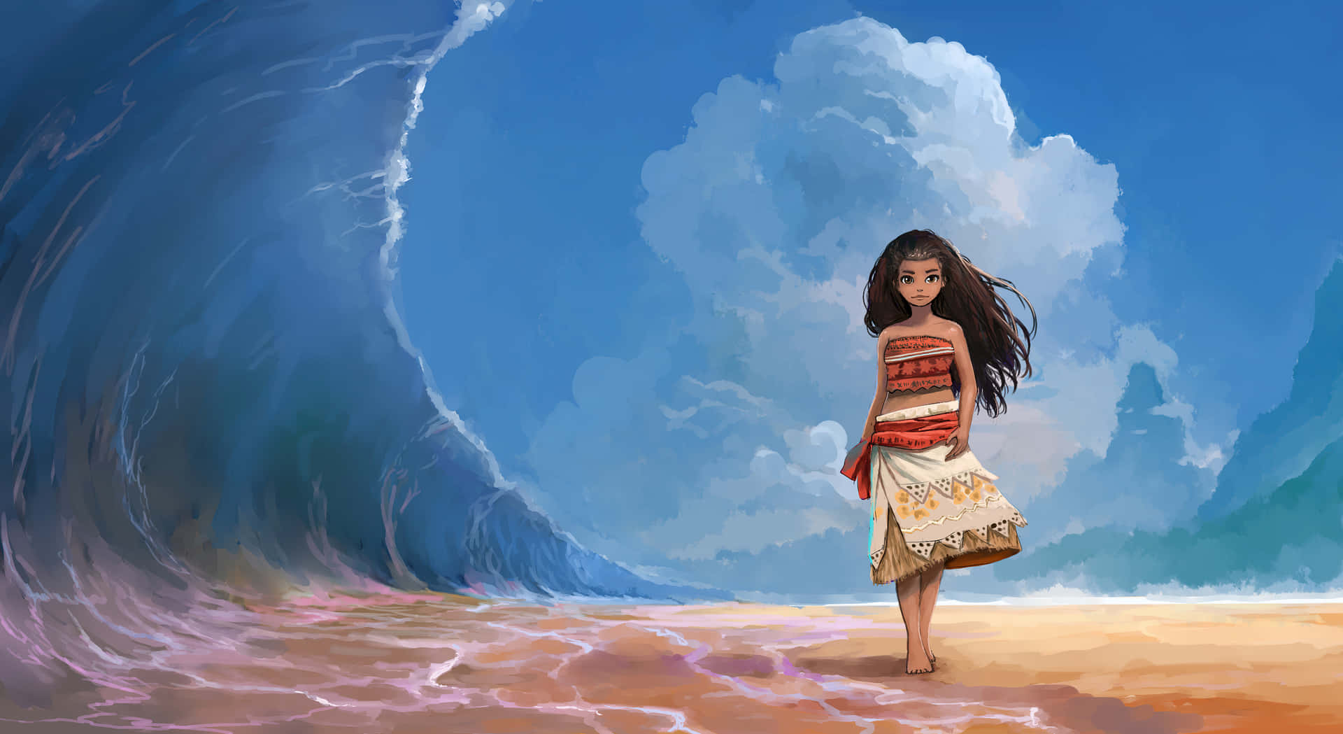 A Girl Is Walking On The Beach With A Wave Behind Her