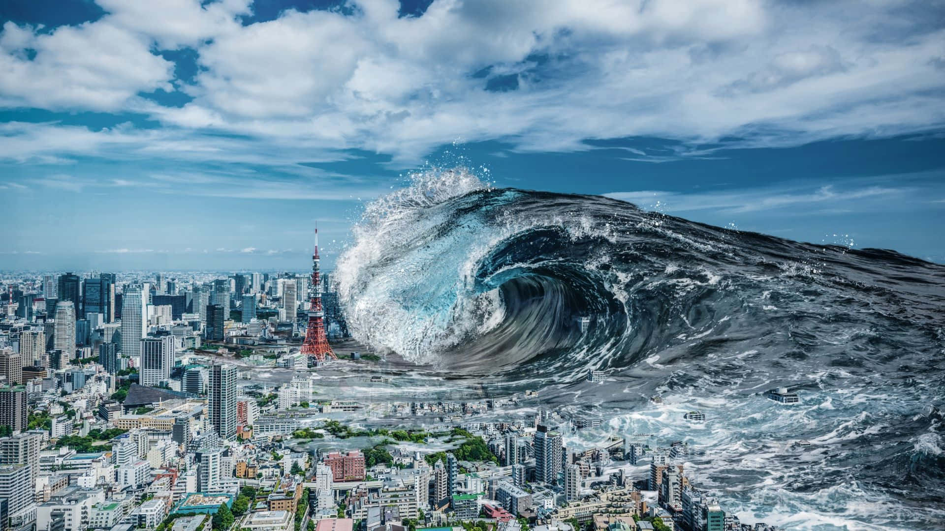 A Large Wave Is Crashing Over A City