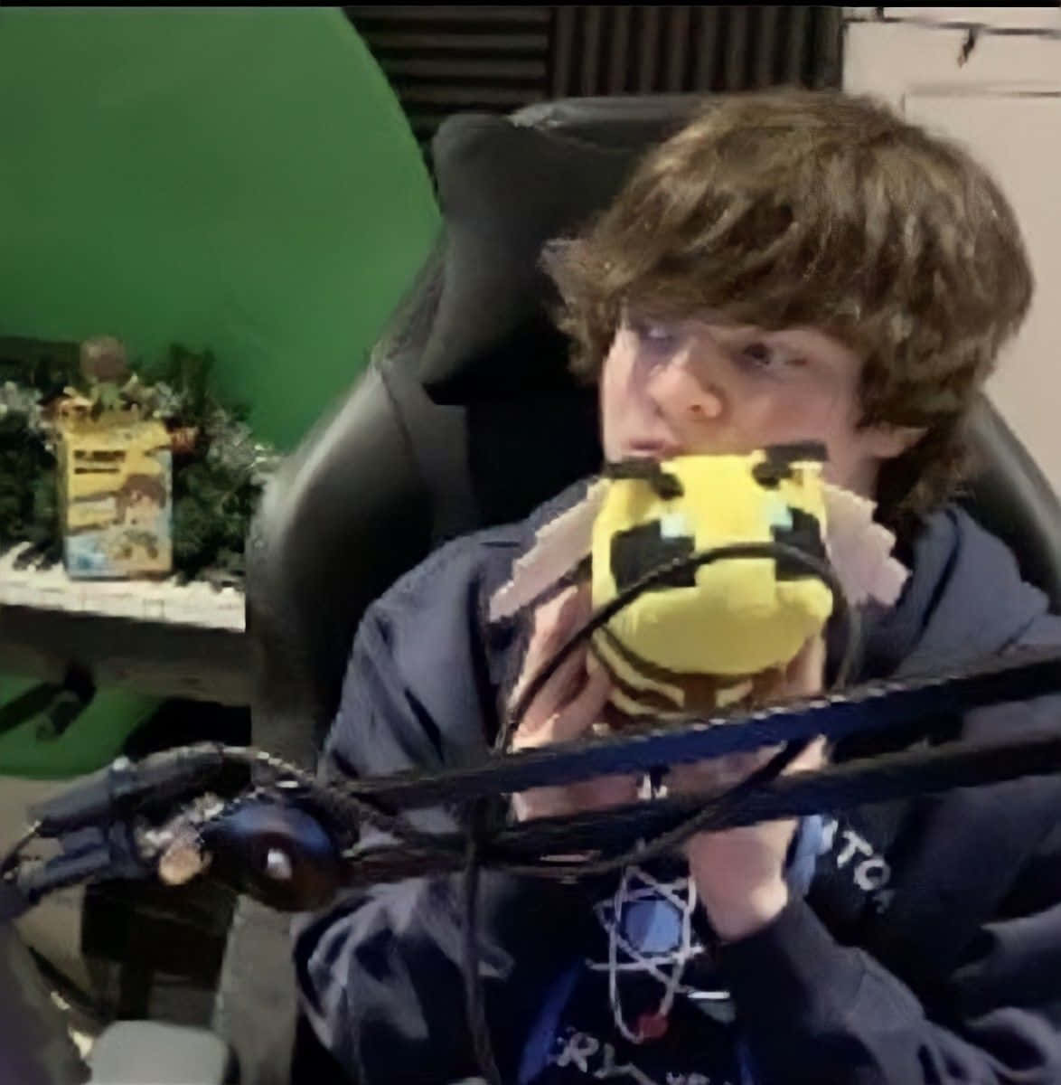 A Boy Holding A Stuffed Animal In Front Of A Microphone