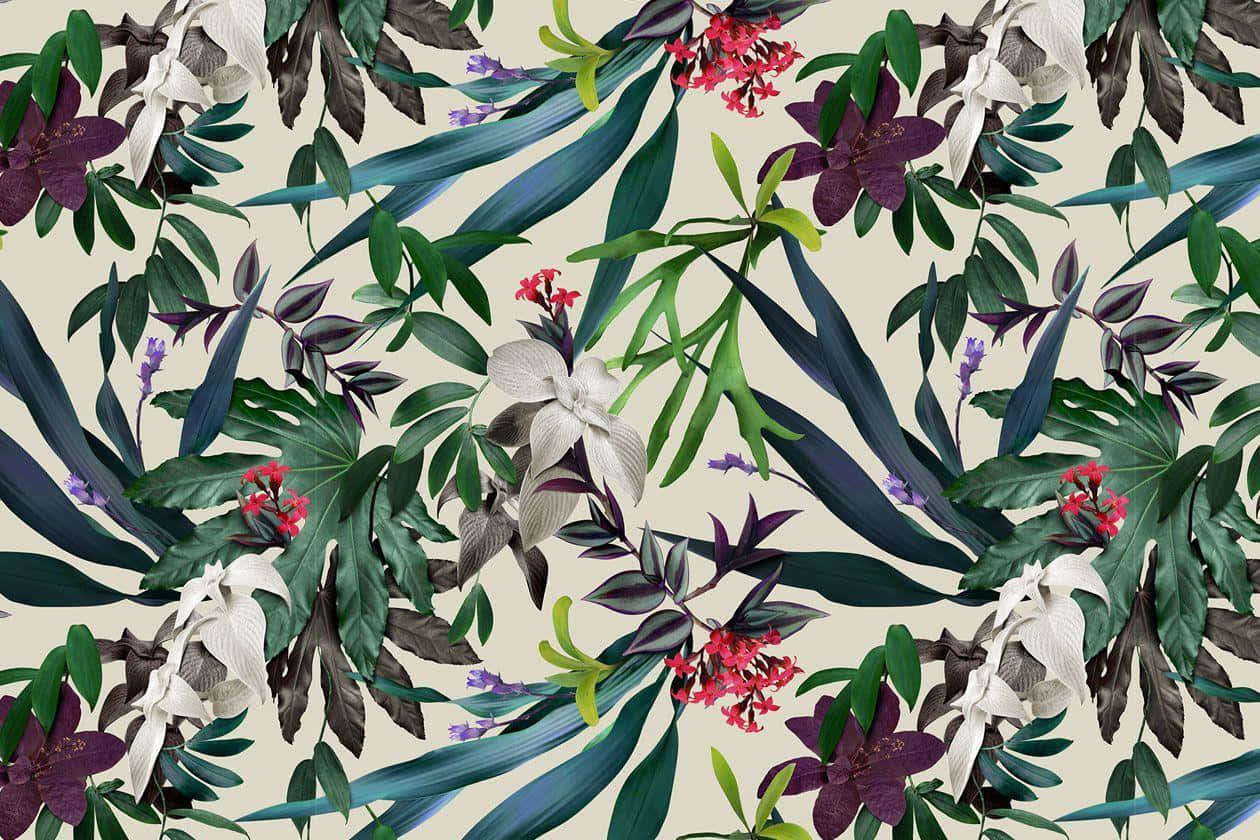 En tropisk blomstermønster med blade og blomster Wallpaper