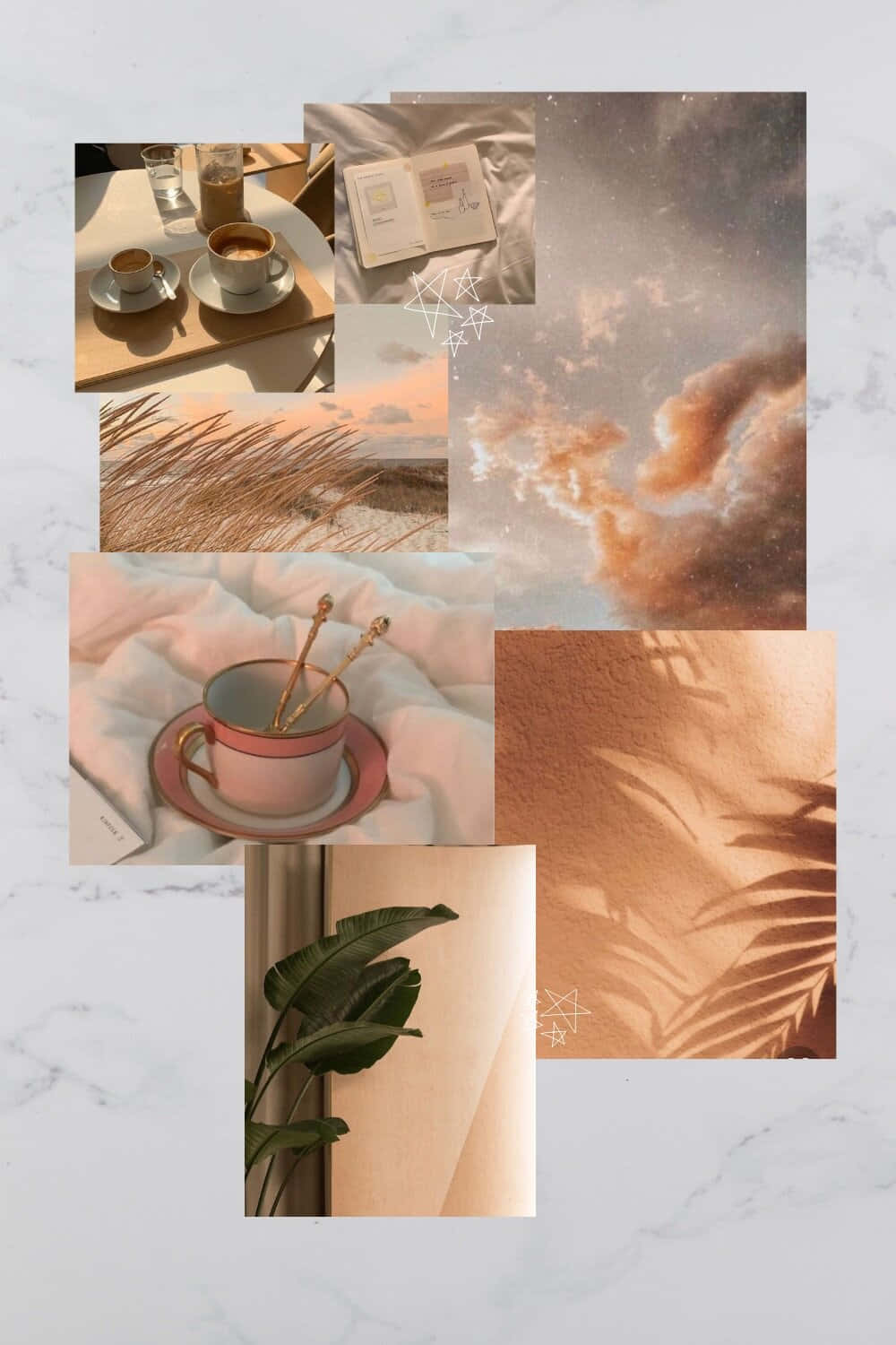 Et collage af forskellige billeder af kaffe, te og planter. Wallpaper